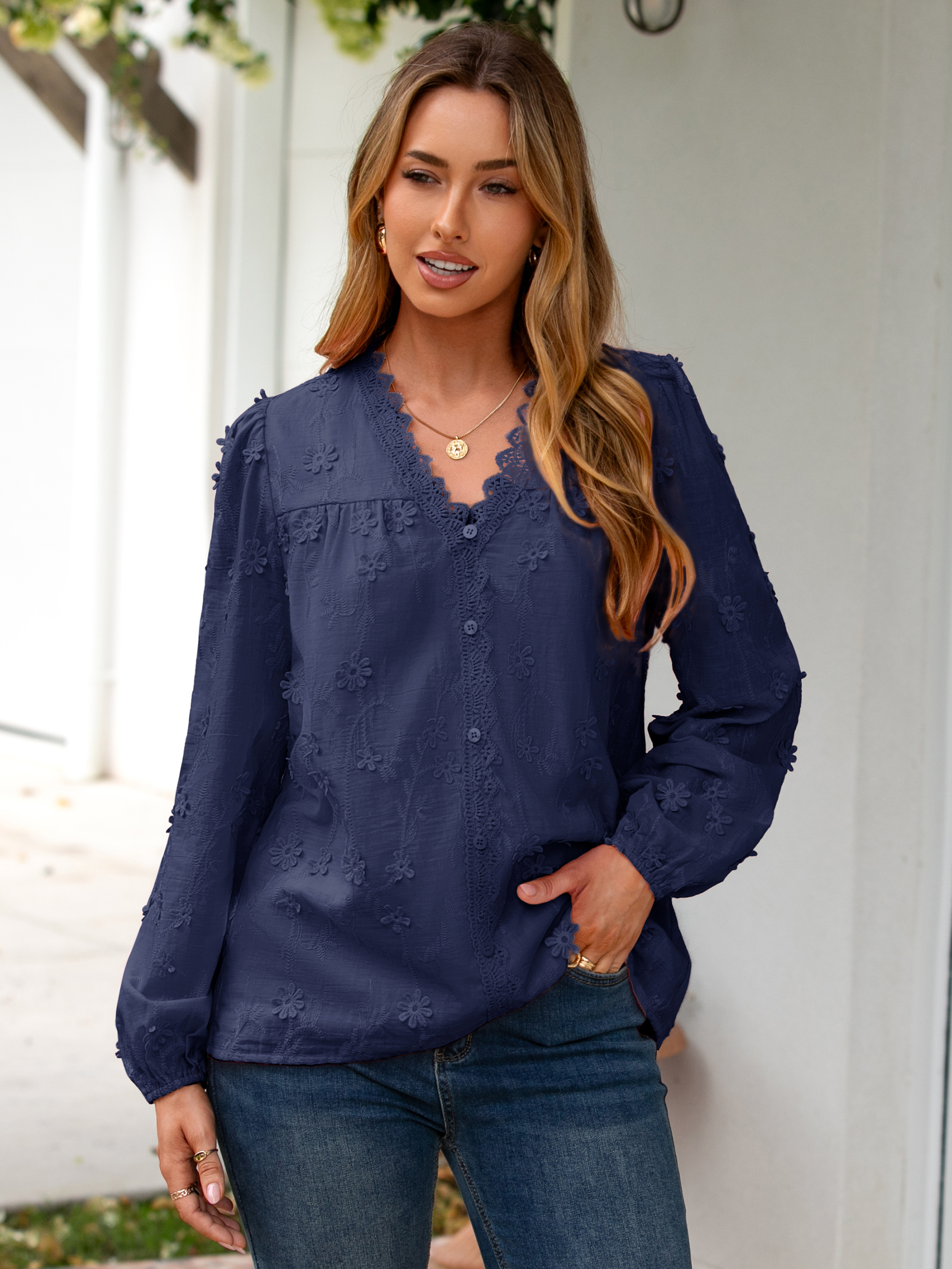 Floral Lace V Neck Embroidered Button Down Blouse - Navy Blue