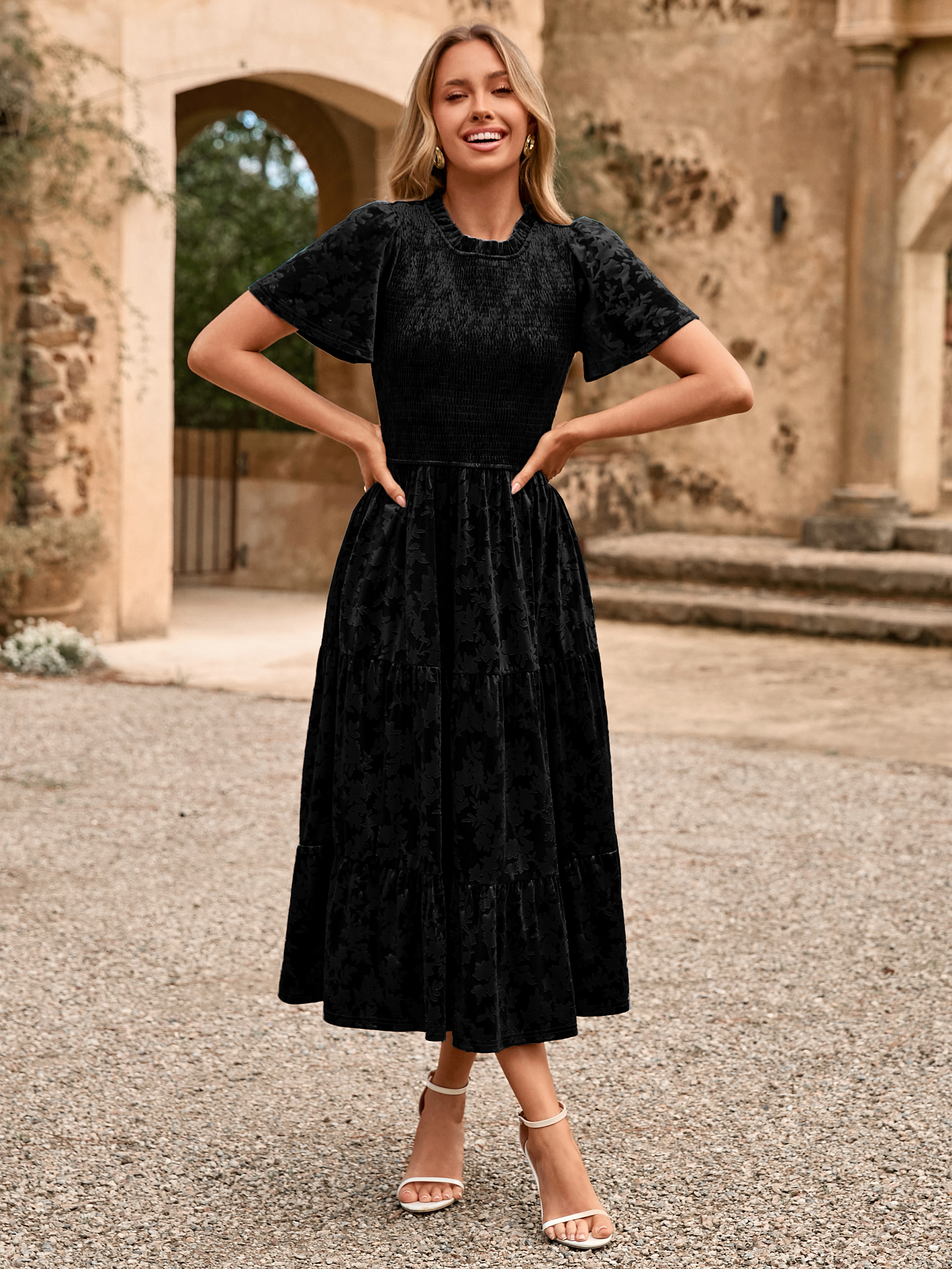 Ruffle Neck Smocked Velvet Floral Maxi Dress