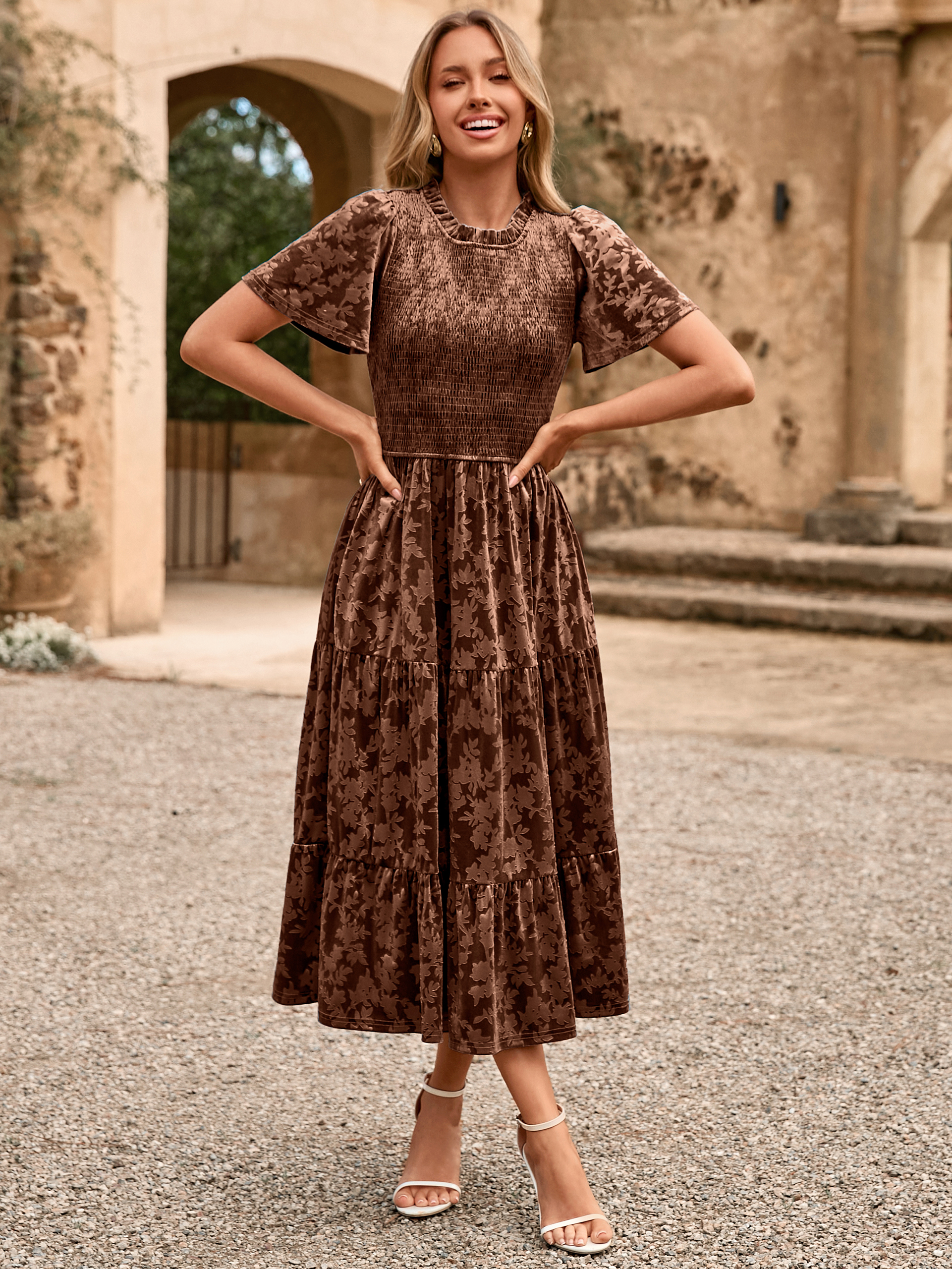 Ruffle Neck Smocked Velvet Floral Maxi Dress