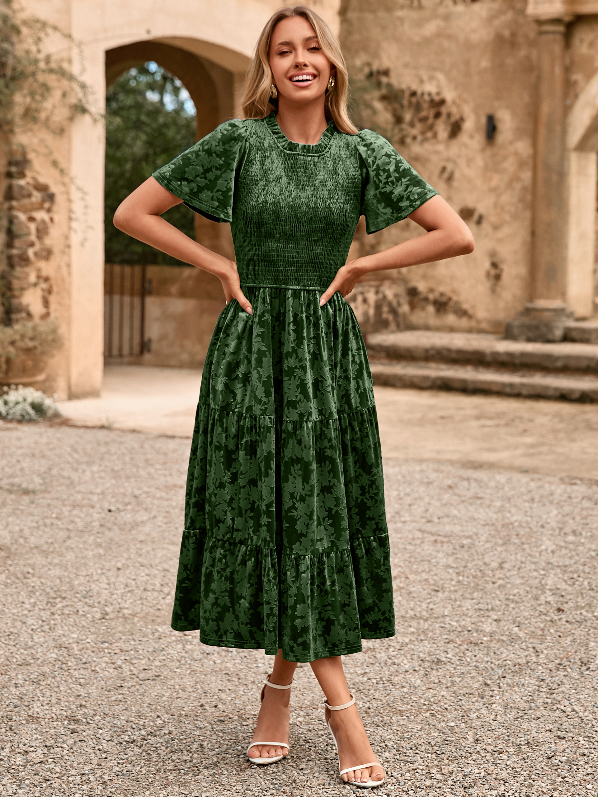 Ruffle Neck Smocked Velvet Floral Maxi Dress