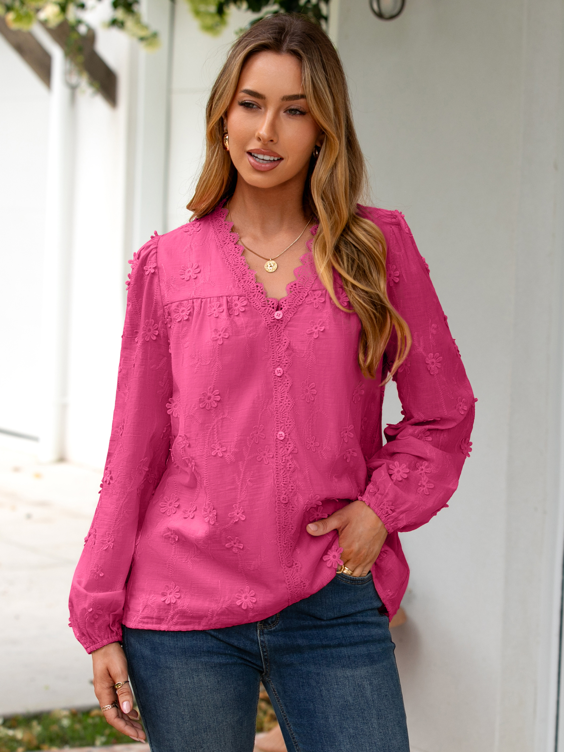 Floral Lace V Neck Embroidered Button Down Blouse - Rose Pink