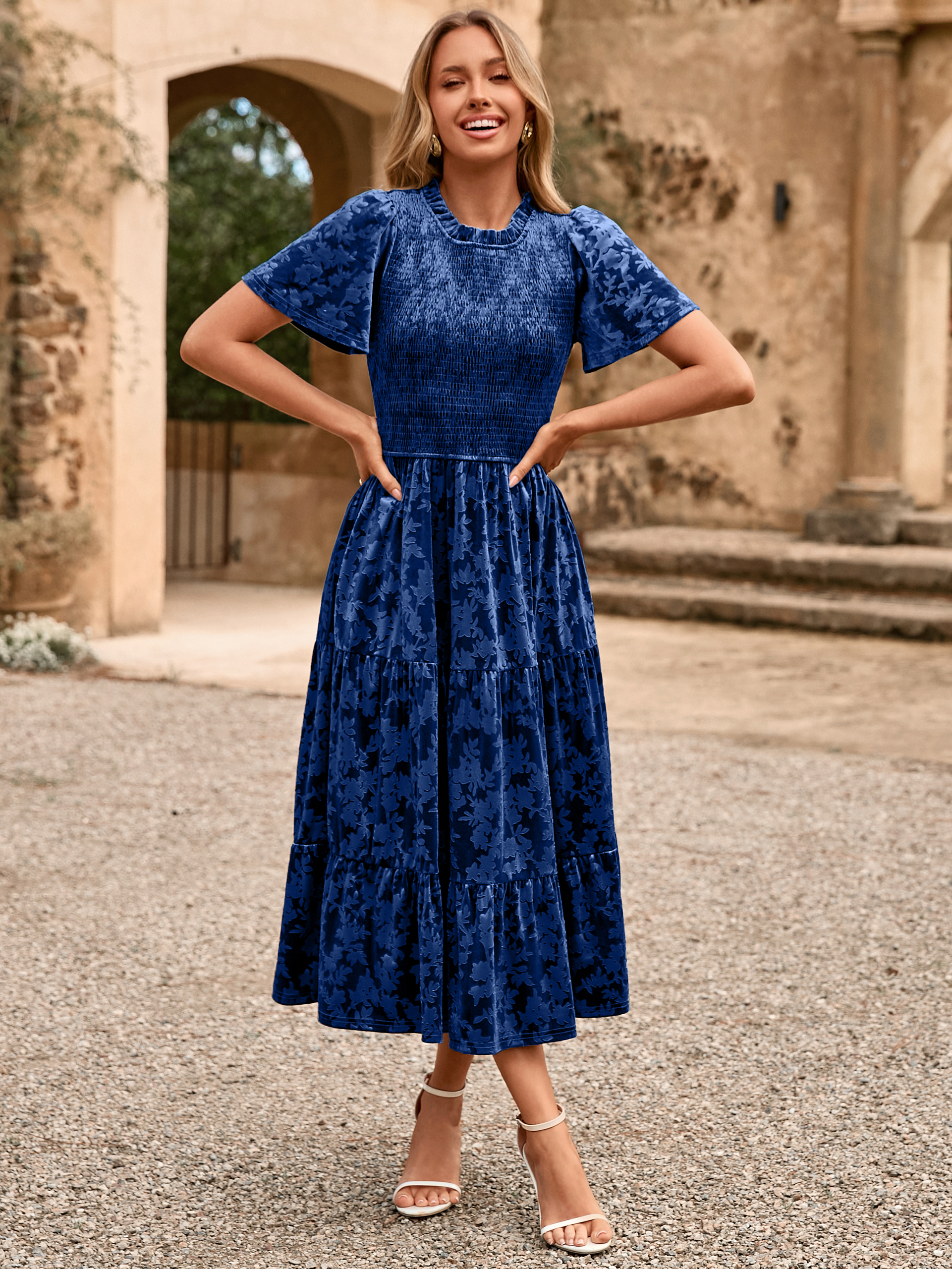 Ruffle Neck Smocked Velvet Floral Maxi Dress