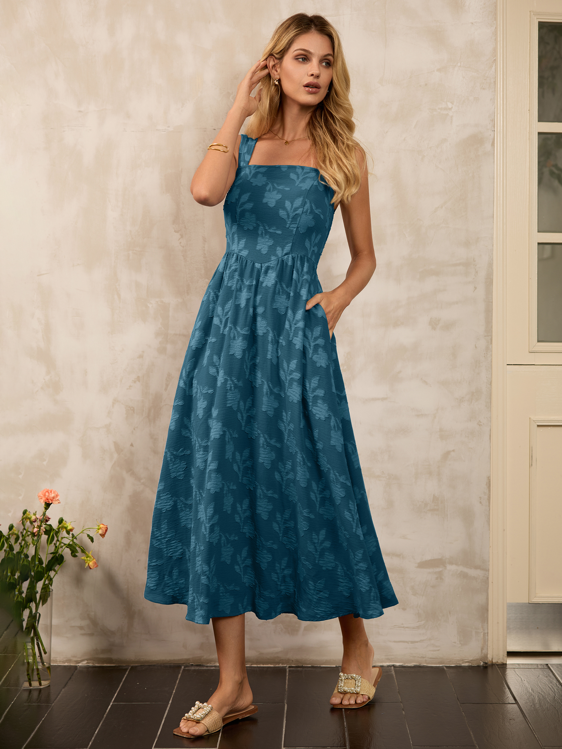 Square Neck Burnout Floral Tank Maxi Dress