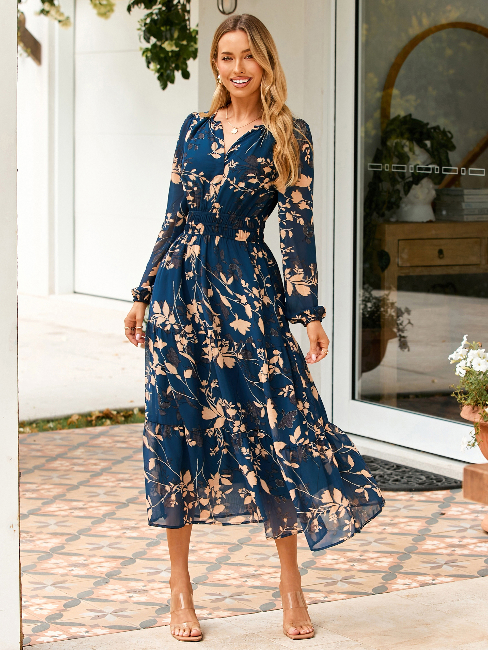 Boho Floral Long Sleeve Wedding Guest Maxi Dress - Navy Floral