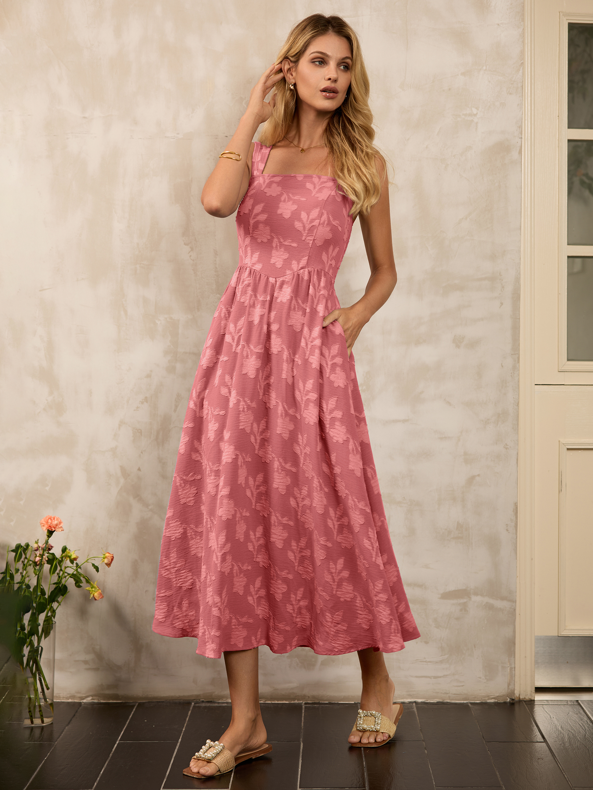 Square Neck Burnout Floral Tank Maxi Dress