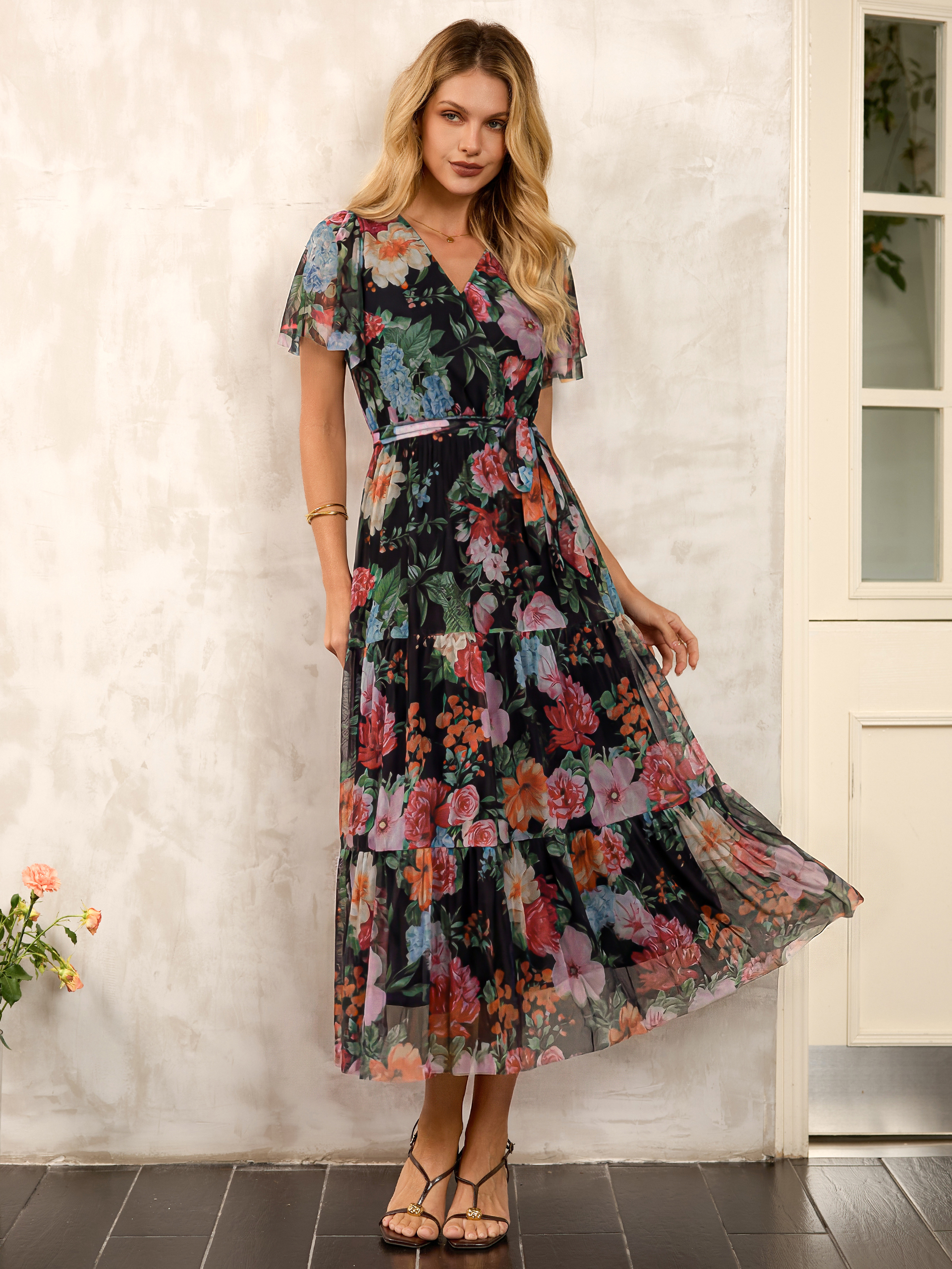 Floral Tulle V Neck Belted Tiered Maxi Dress