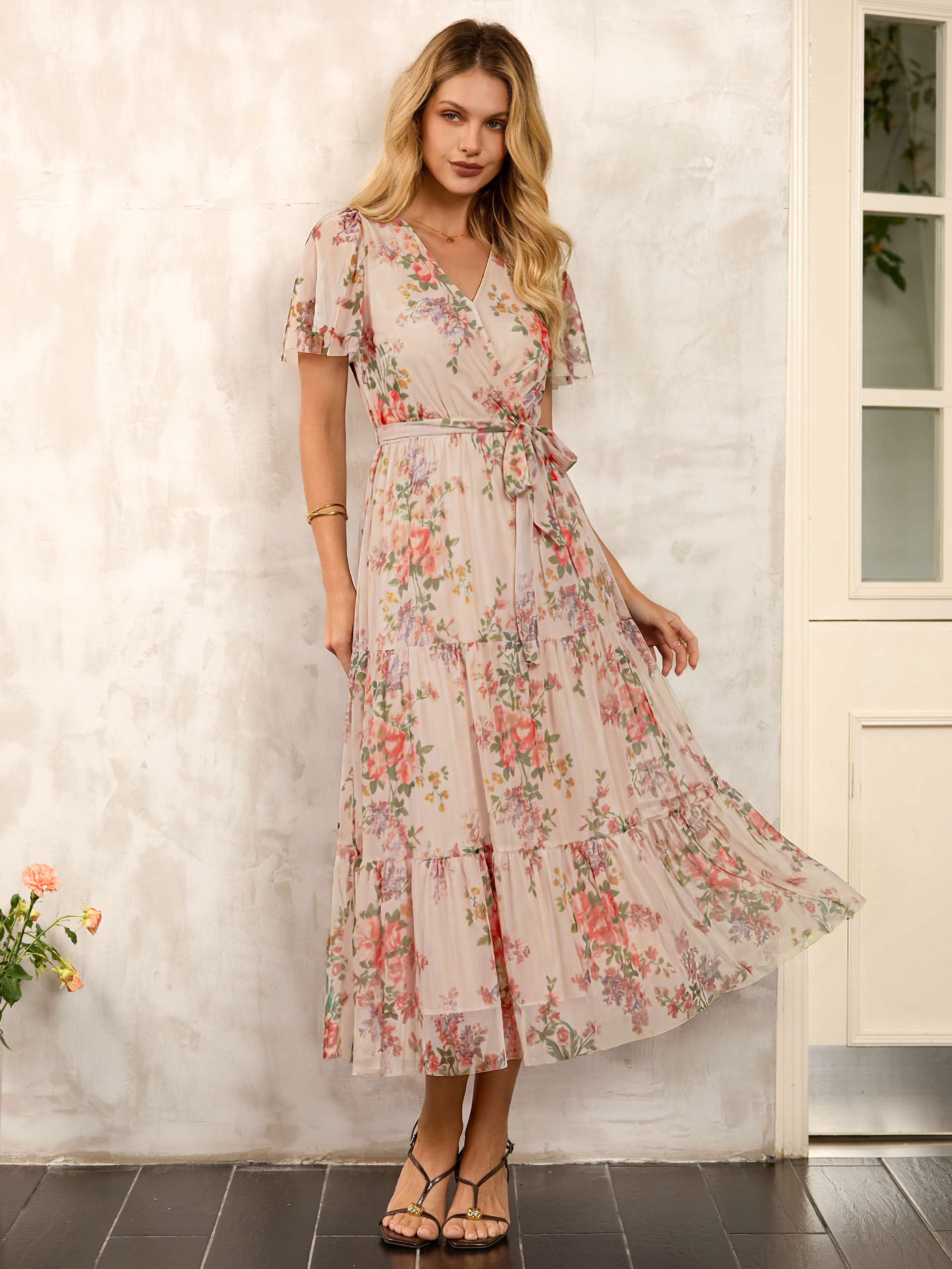 Floral Tulle V Neck Belted Tiered Maxi Dress
