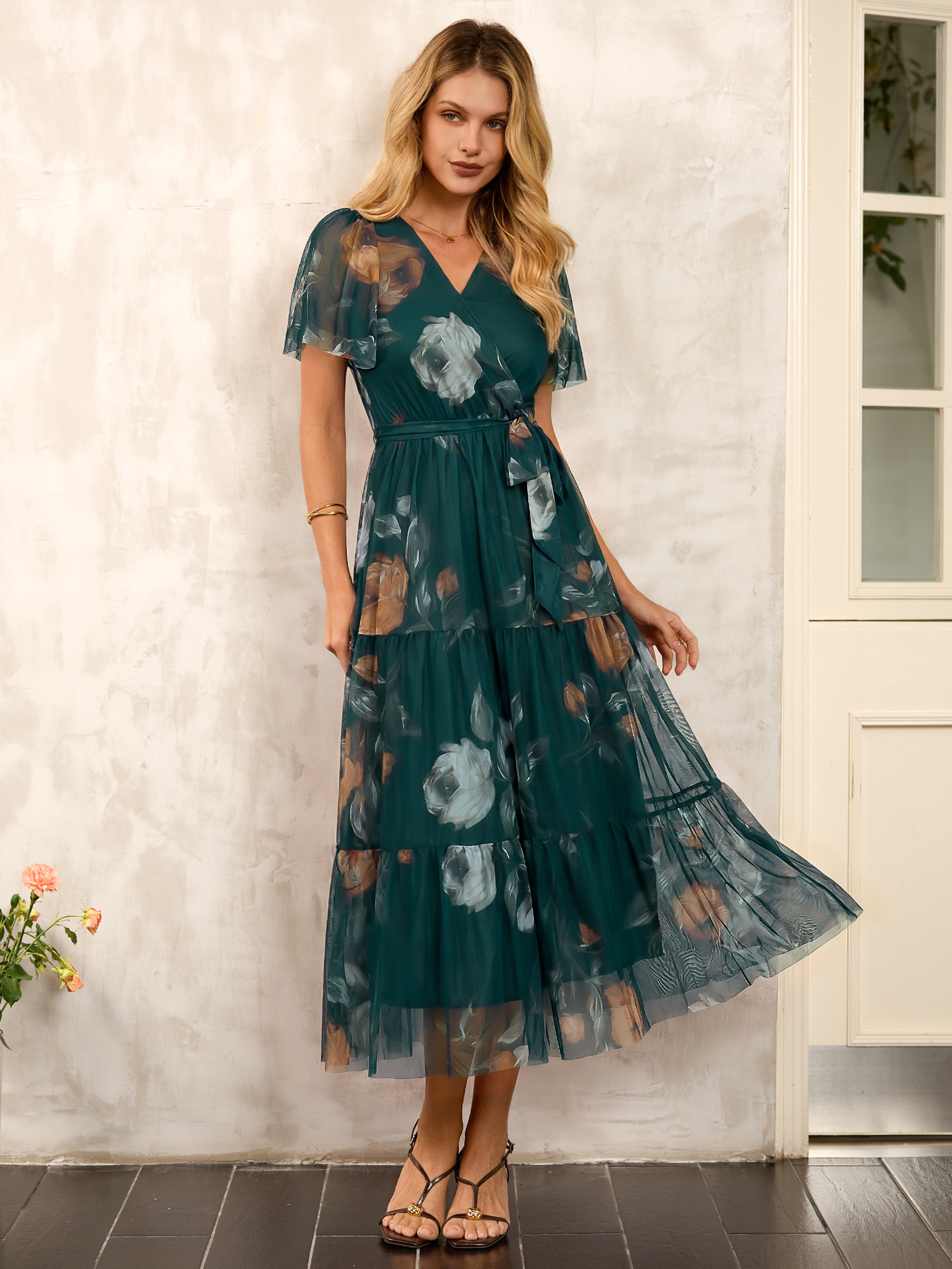 Floral Tulle V Neck Belted Tiered Maxi Dress