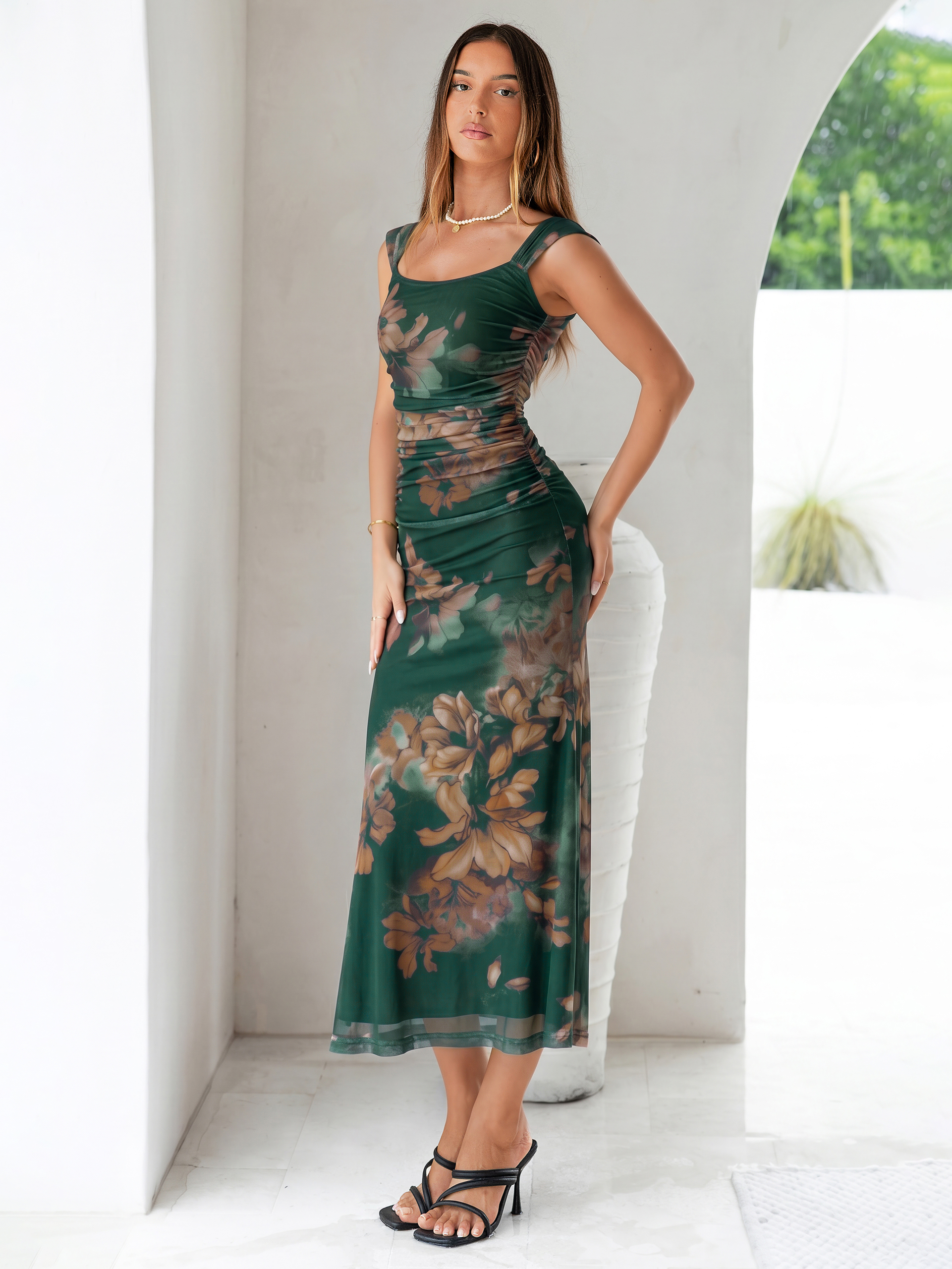 Floral Square Neck Ruched Mesh Bodycon Maxi Dress