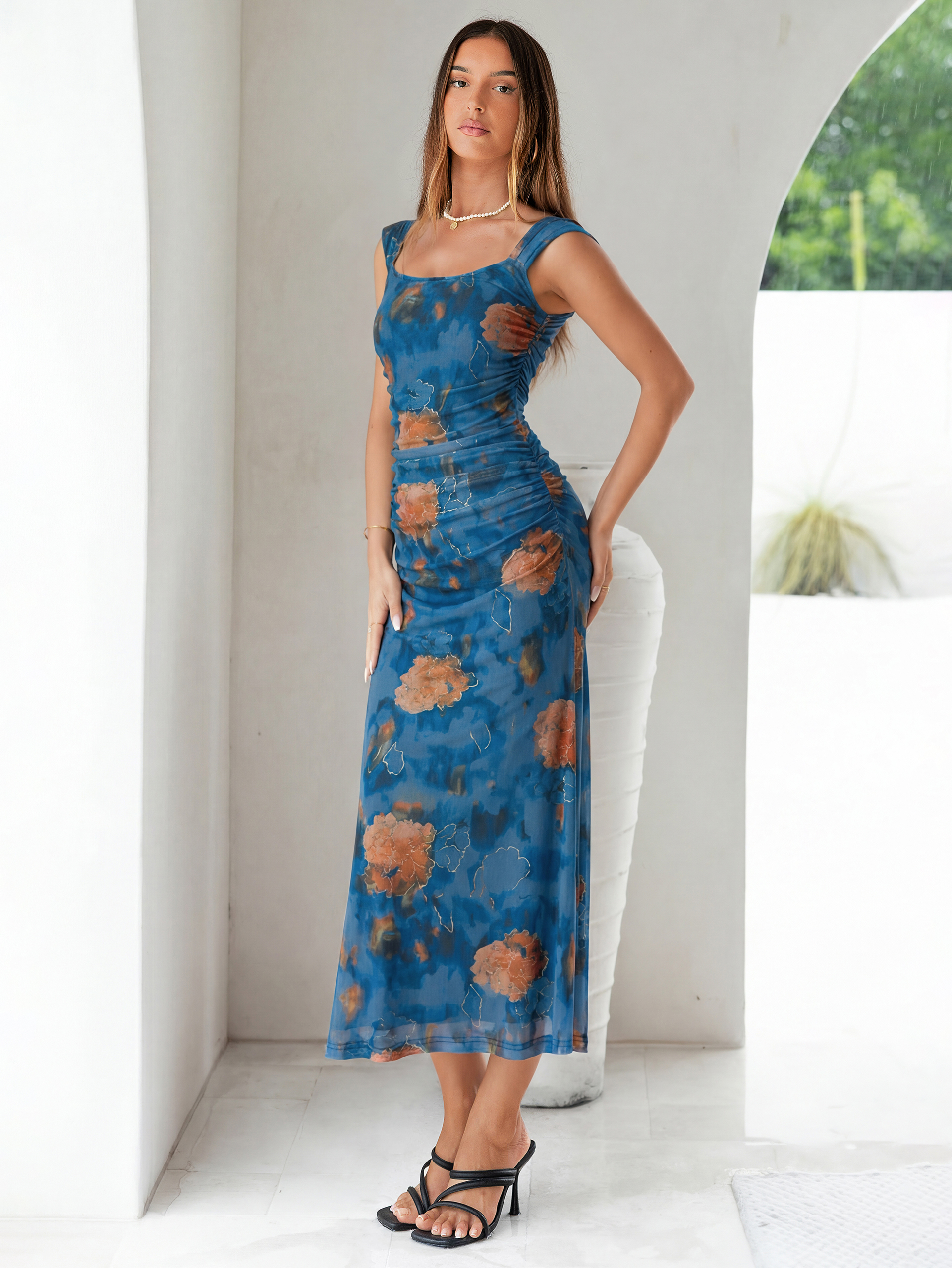 Floral Square Neck Ruched Mesh Bodycon Maxi Dress