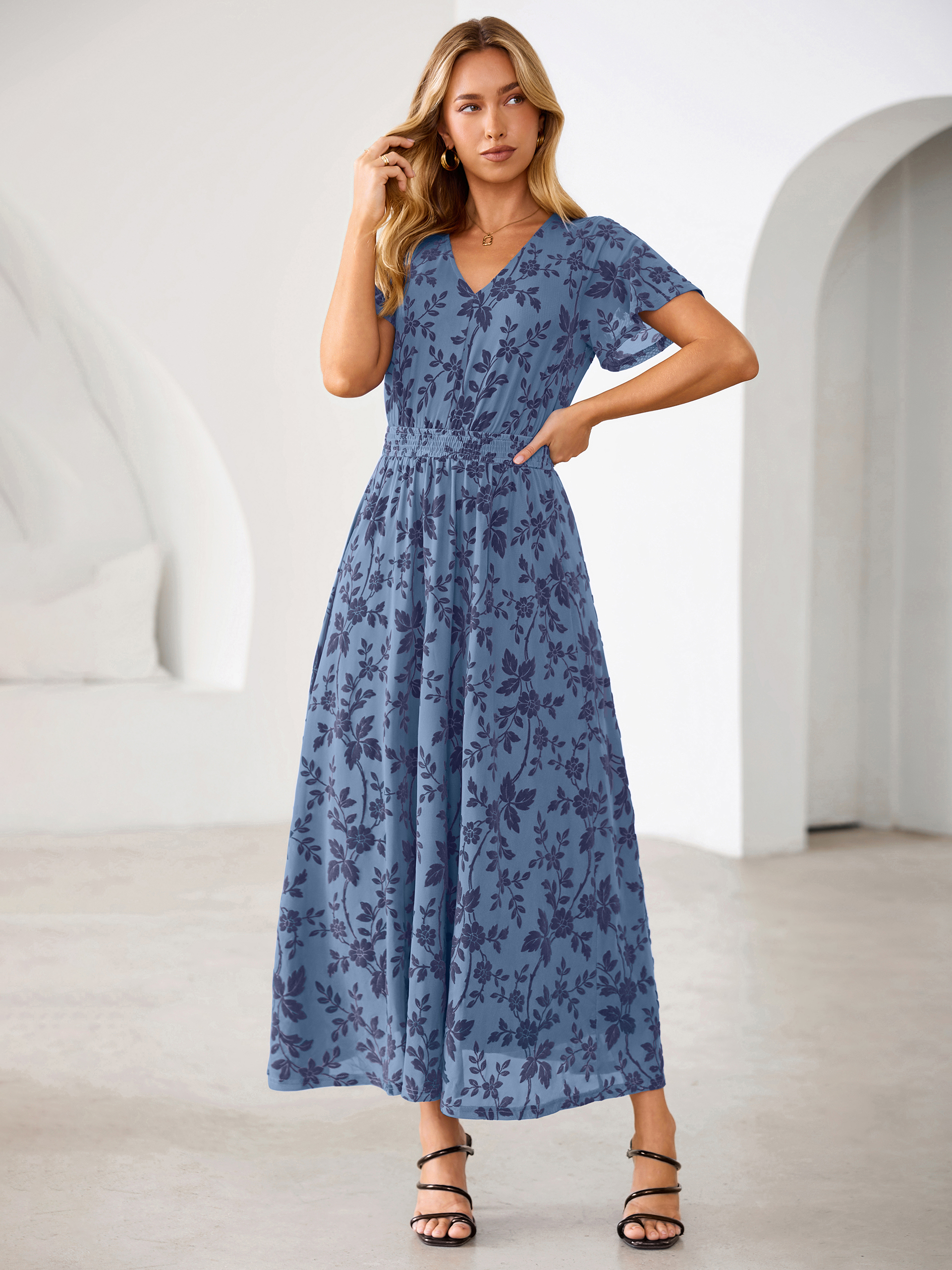 Flocked Floral V Neck Mesh Smocked Maxi Dress