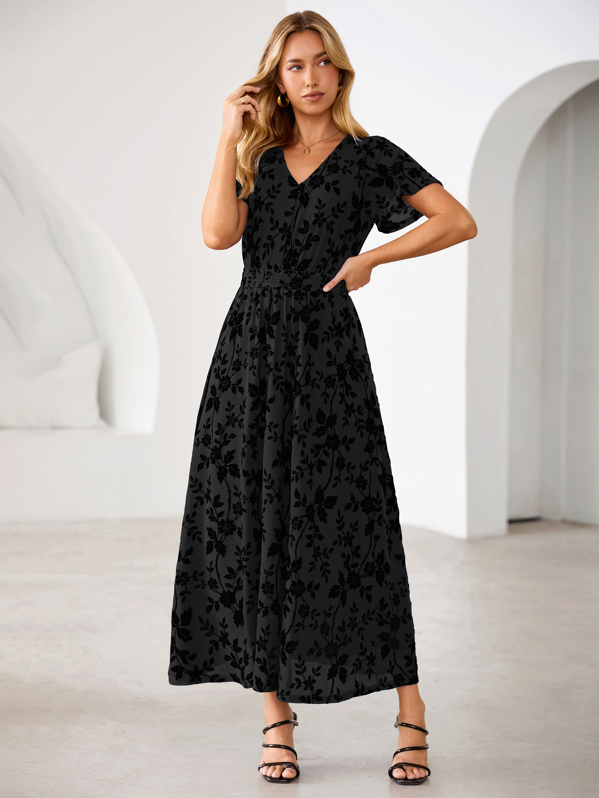 Flocked Floral V Neck Mesh Smocked Maxi Dress