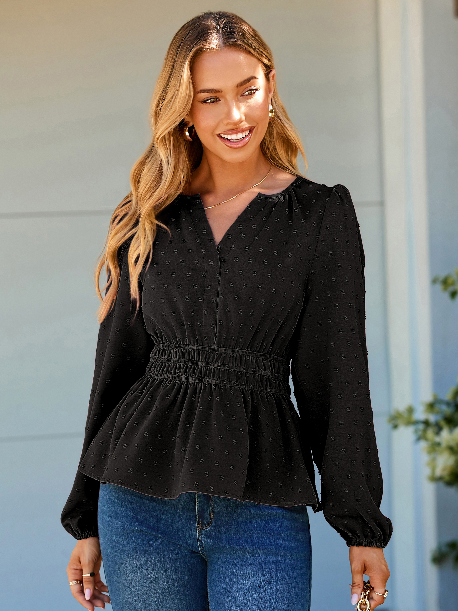 Swiss Dot V Neck Long Sleeve Peplum Blouse - Black