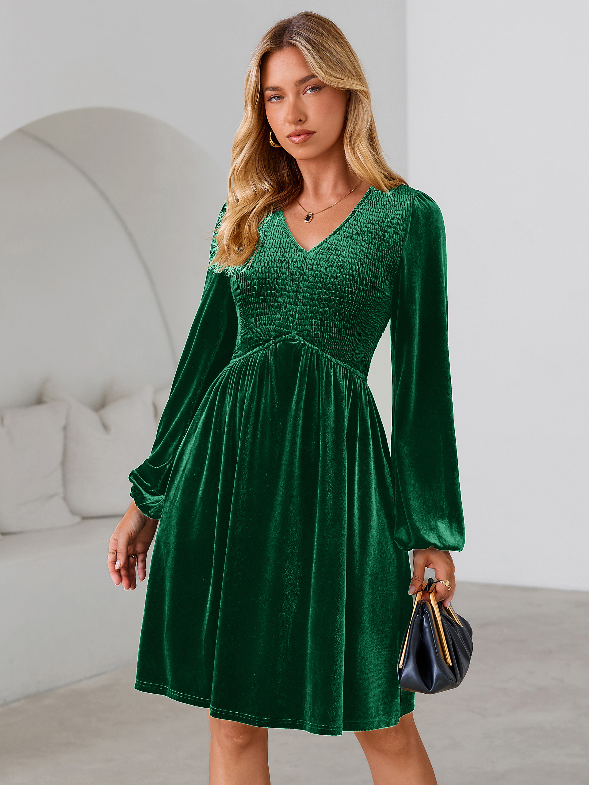 Velvet Smocked Bodice V Neck Long Sleeve Mini Dress