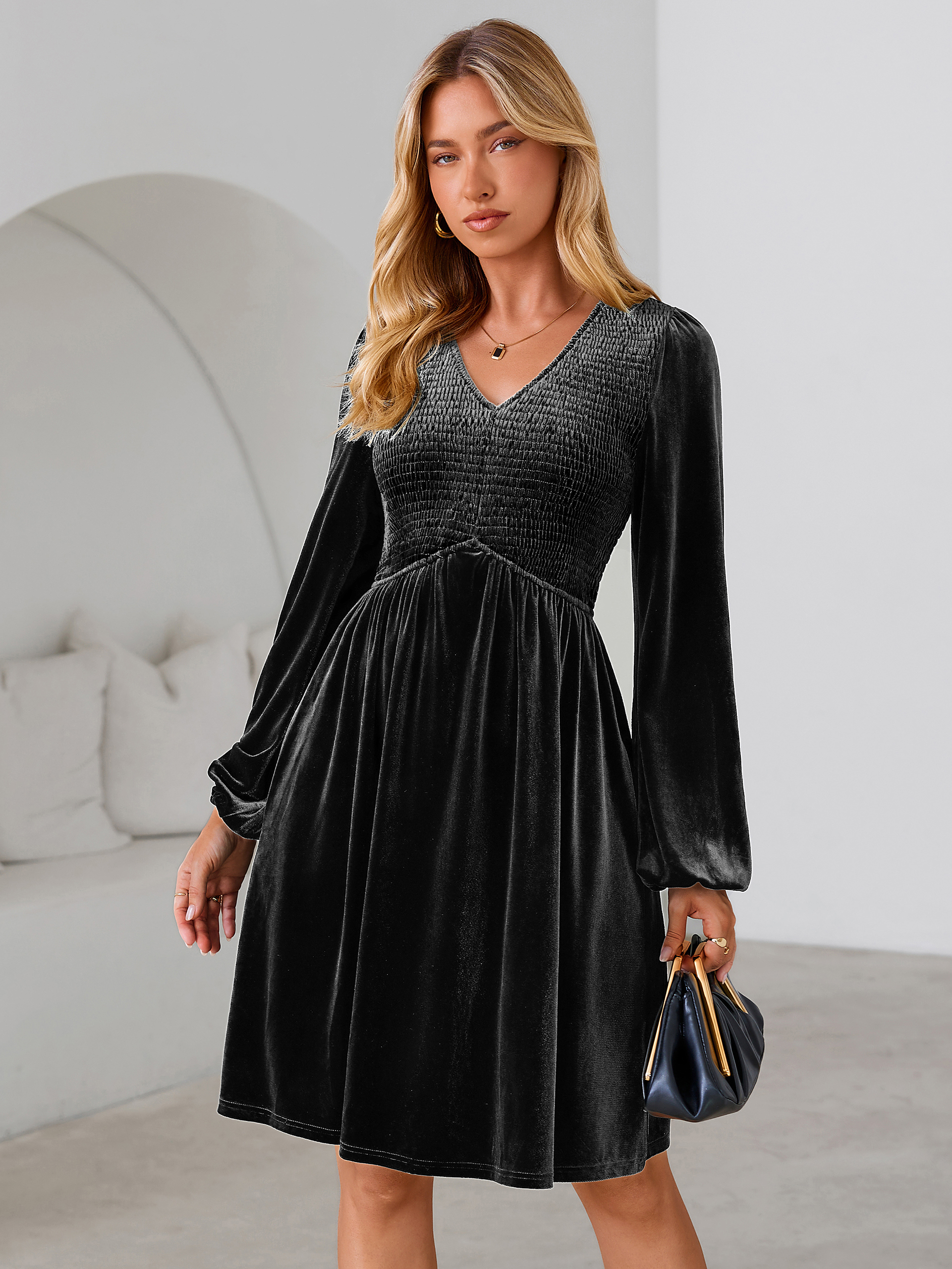 Velvet Smocked Bodice V Neck Long Sleeve Mini Dress