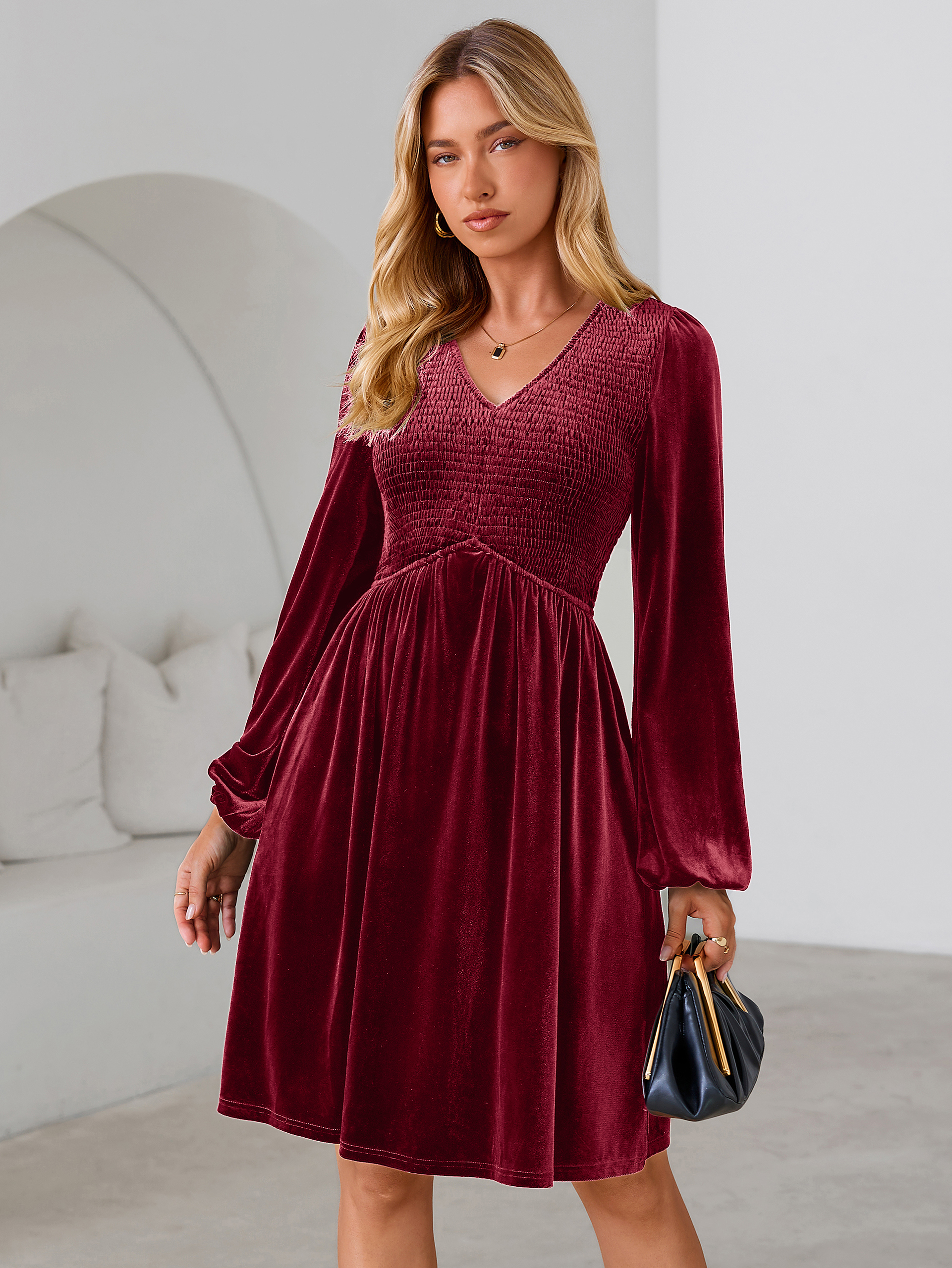 Velvet Smocked Bodice V Neck Long Sleeve Mini Dress