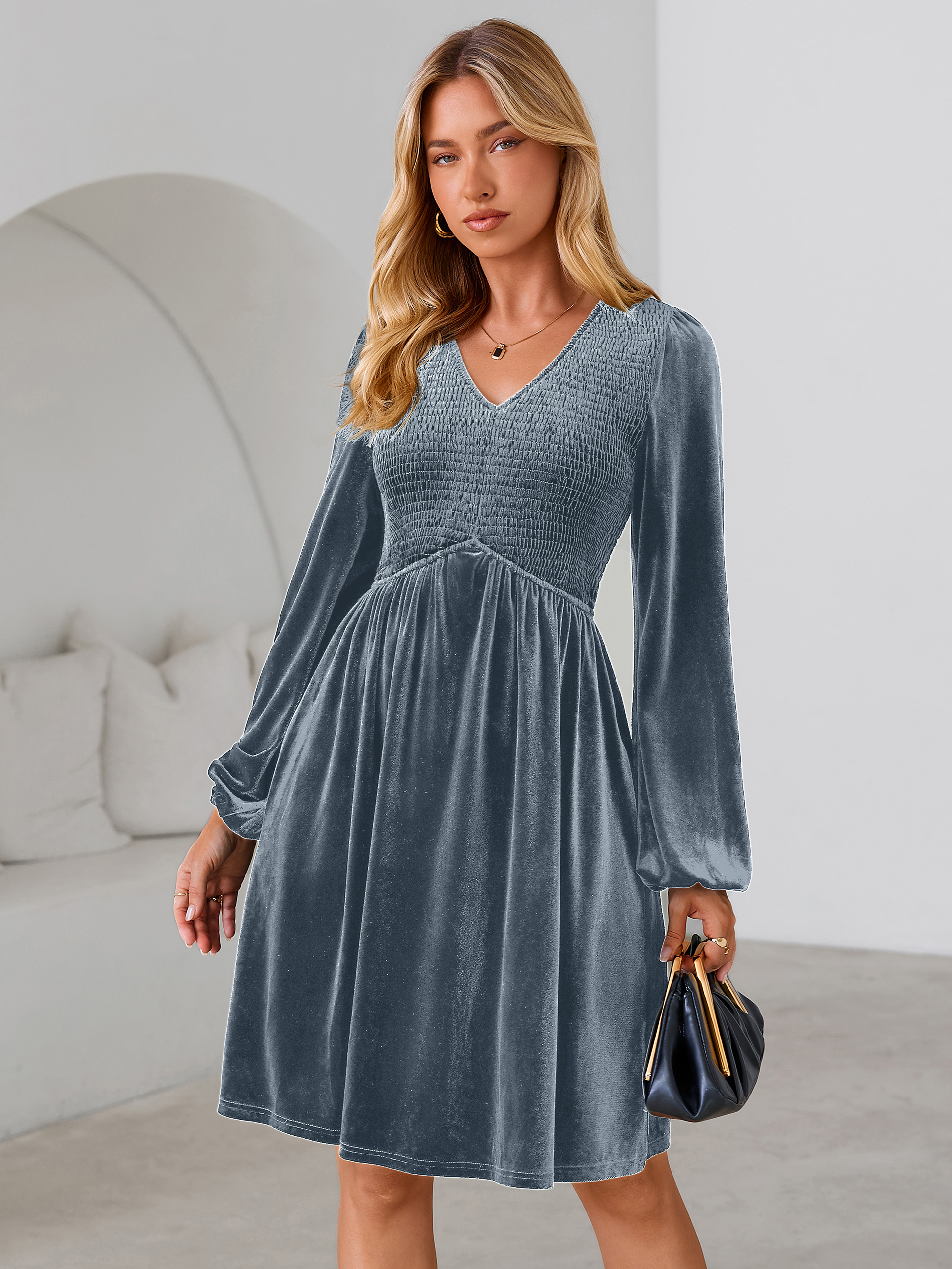 Velvet Smocked Bodice V Neck Long Sleeve Mini Dress