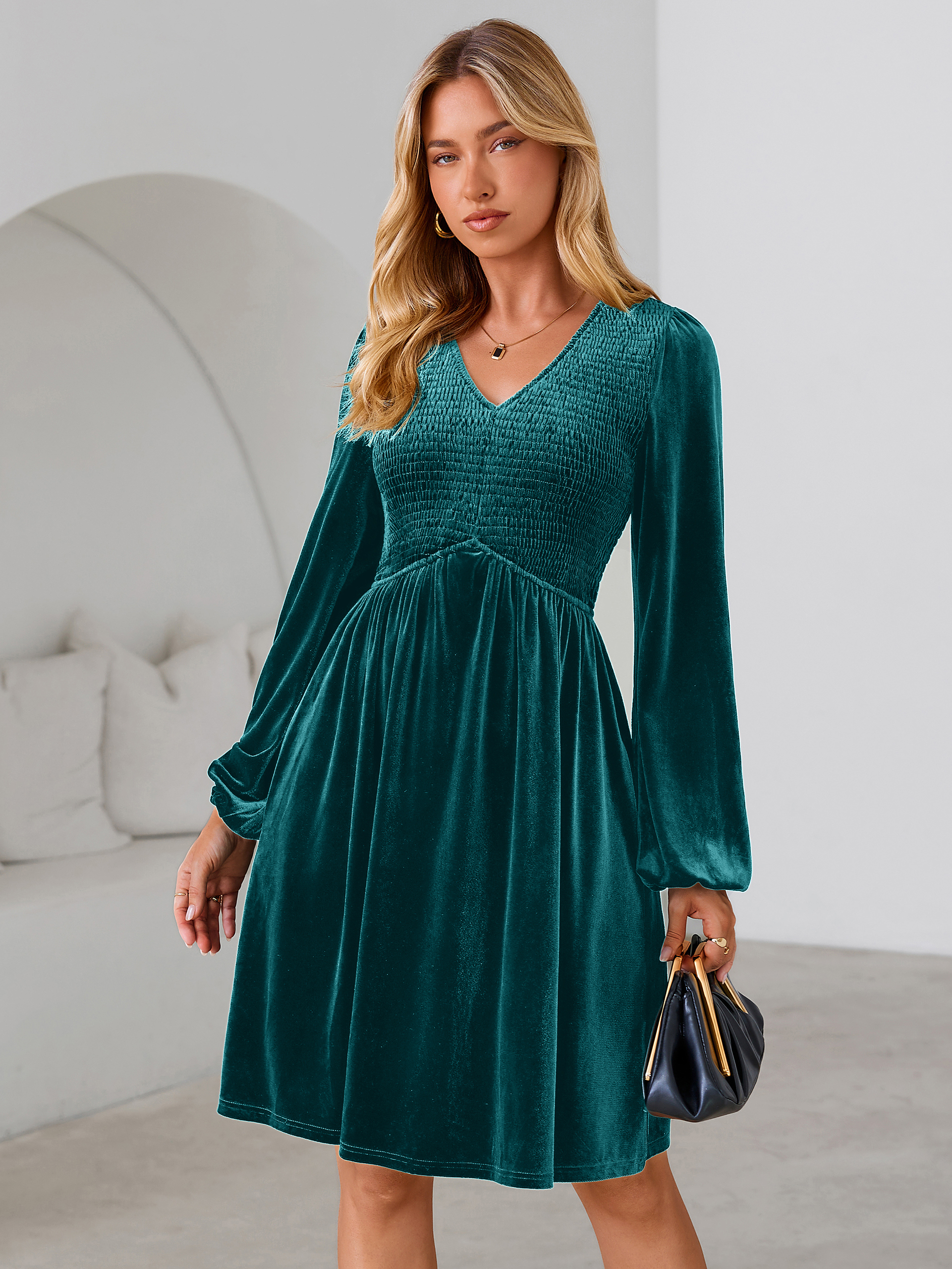 Velvet Smocked Bodice V Neck Long Sleeve Mini Dress