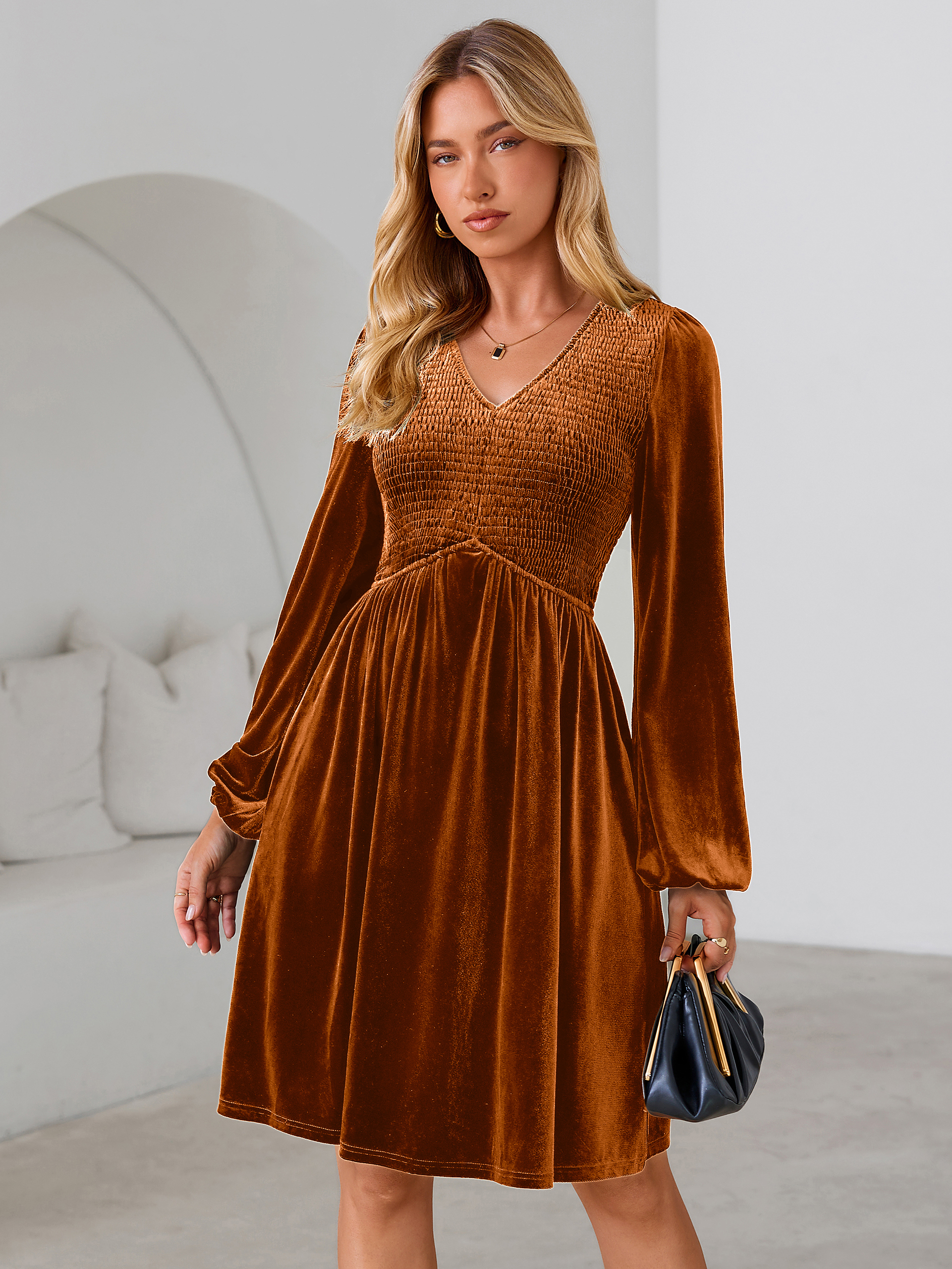 Velvet Smocked Bodice V Neck Long Sleeve Mini Dress