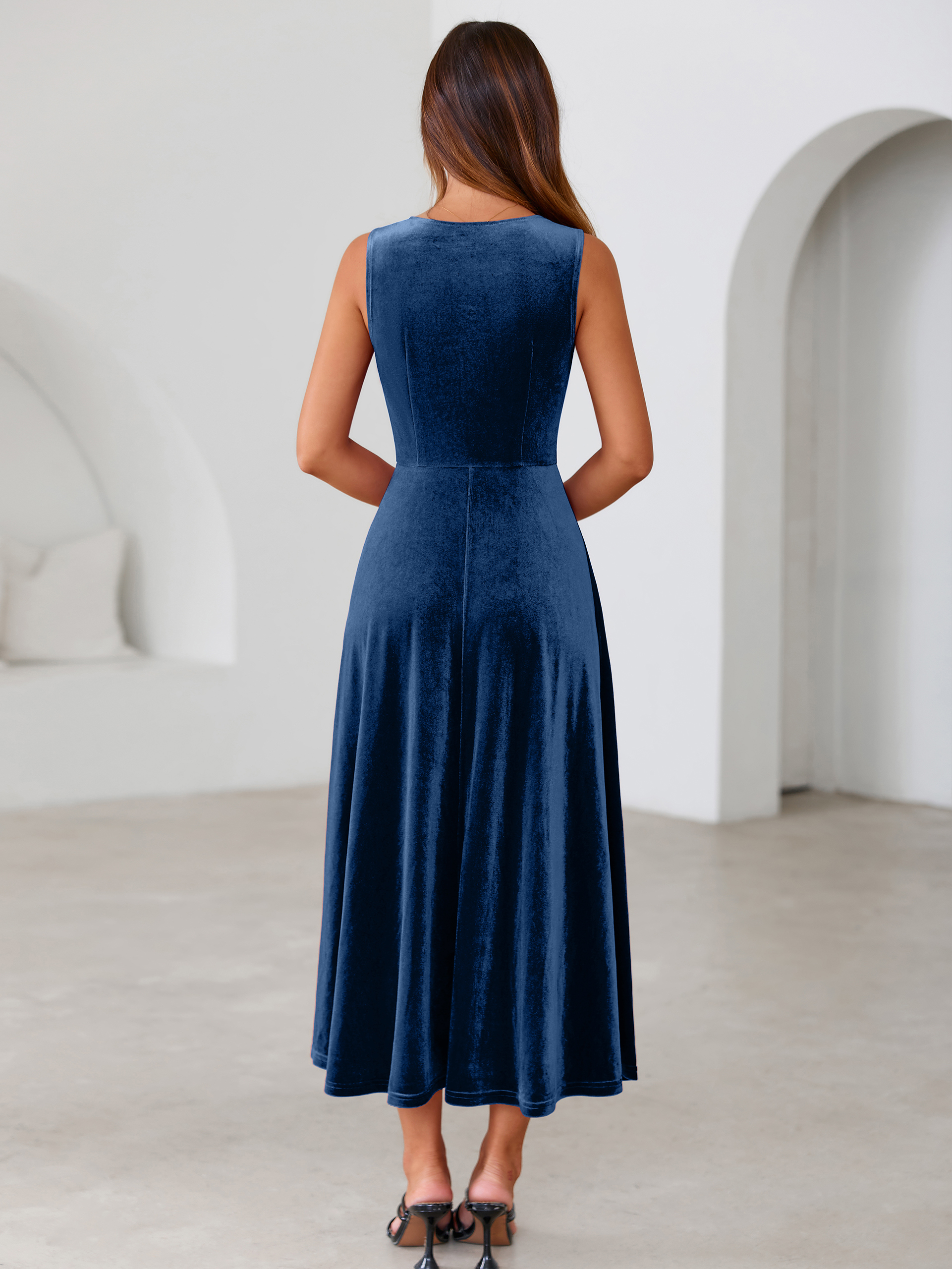 Velvet Cowl Neck Sleeveless A Line Maxi Dress