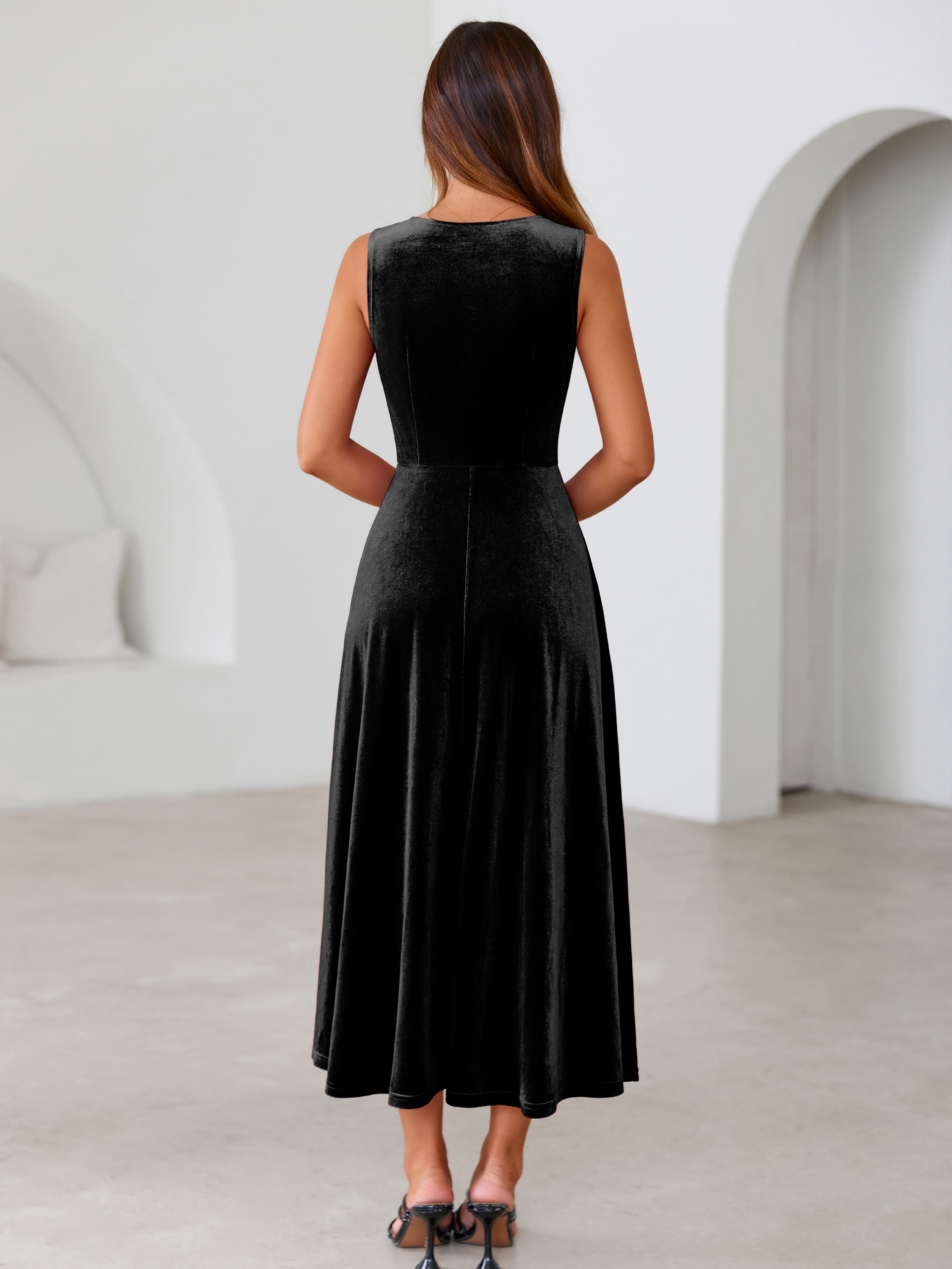 Velvet Cowl Neck Sleeveless A Line Maxi Dress