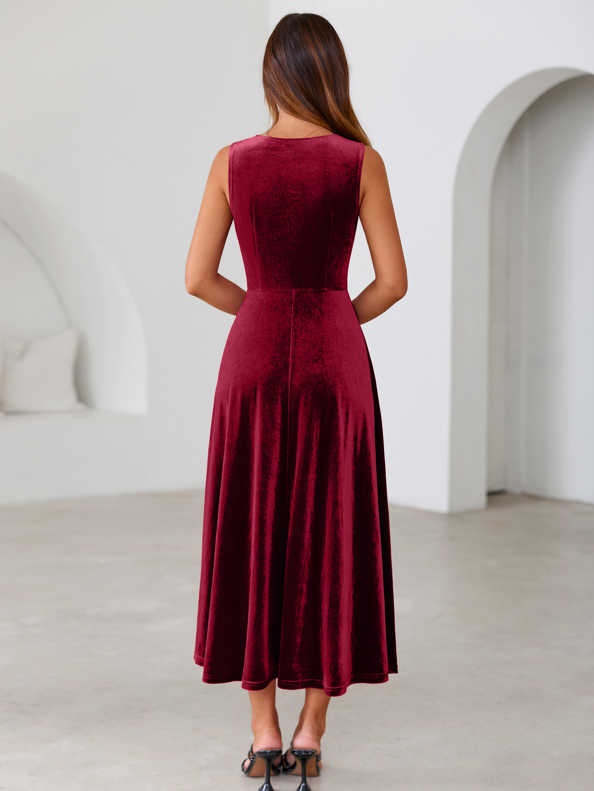 Velvet Cowl Neck Sleeveless A Line Maxi Dress