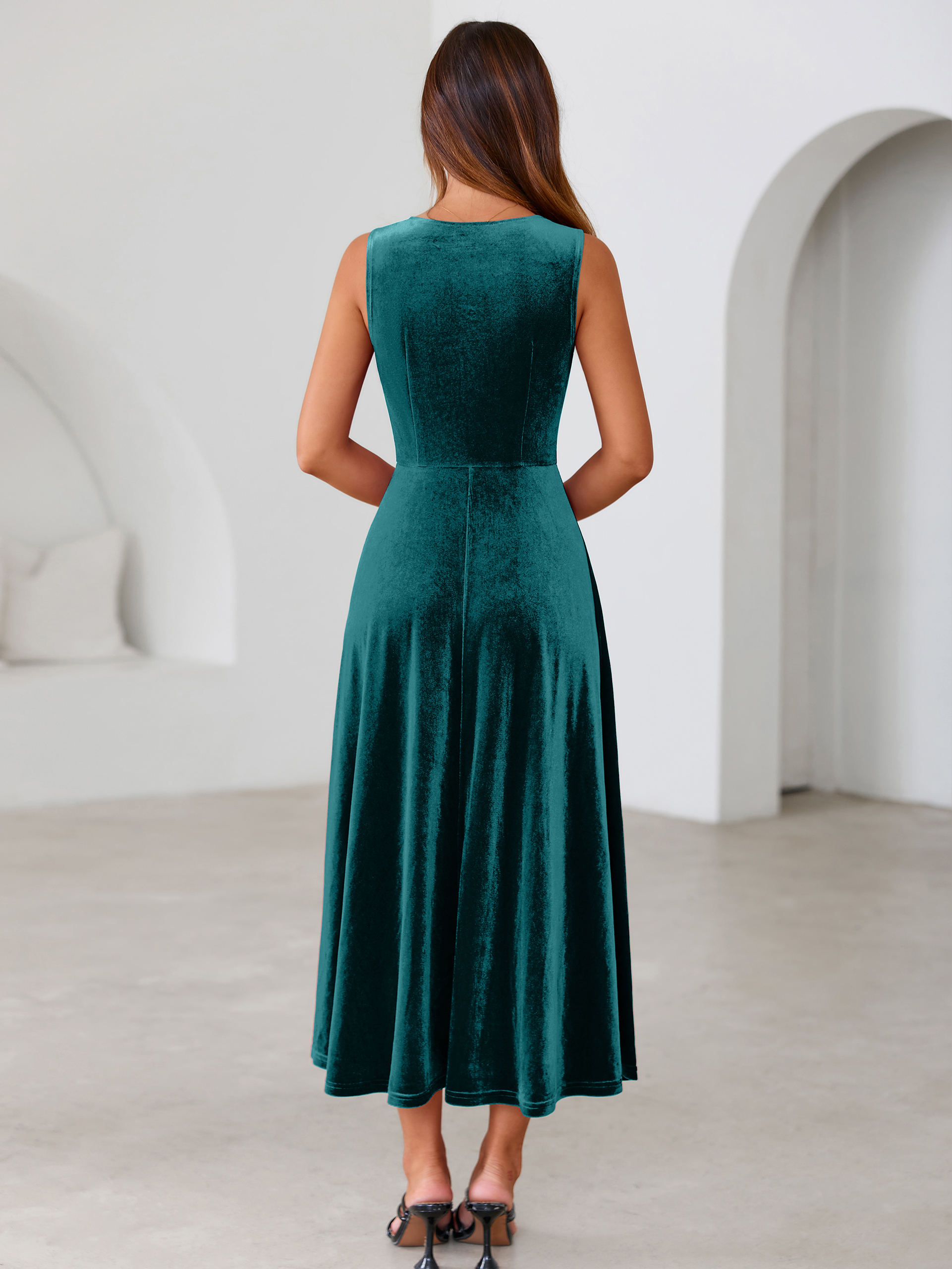 Velvet Cowl Neck Sleeveless A Line Maxi Dress