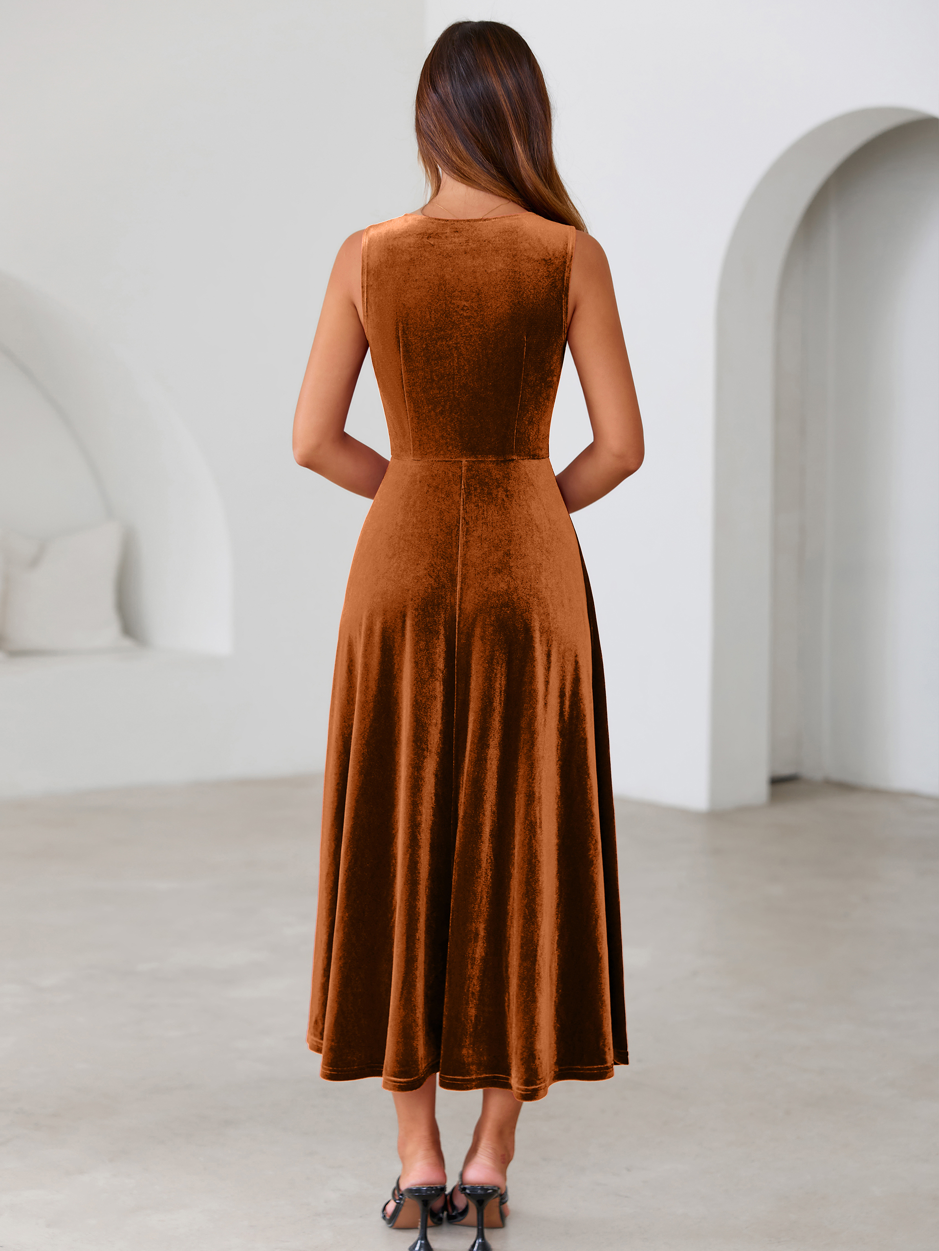 Velvet Cowl Neck Sleeveless A Line Maxi Dress