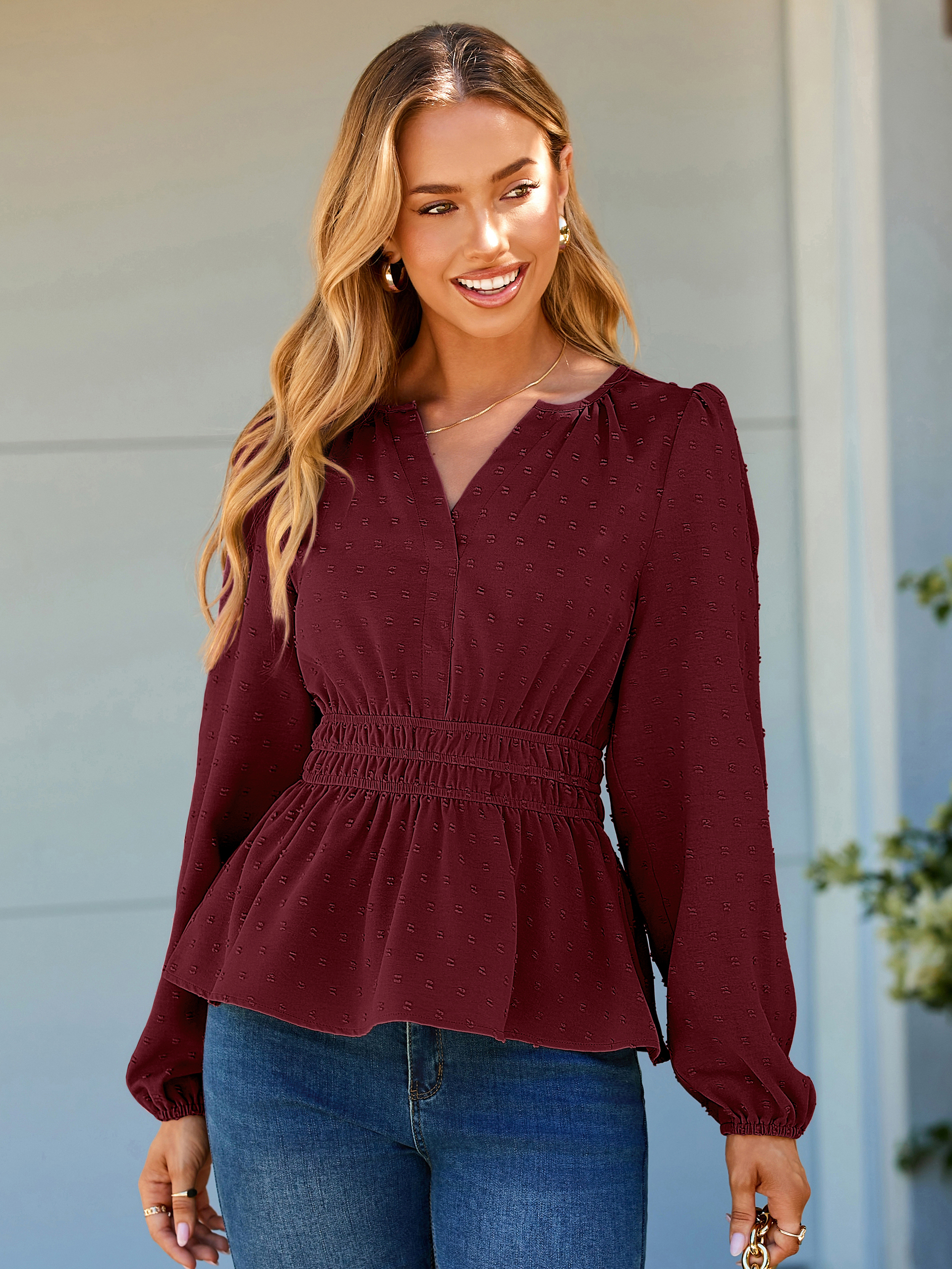 Swiss Dot V Neck Long Sleeve Peplum Blouse - Burgundy