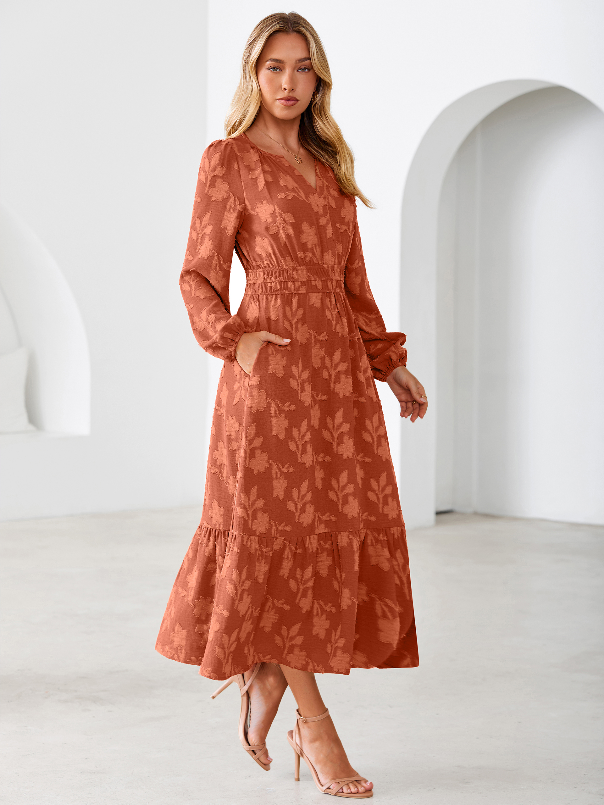 Floral Burnout V Neck Long Sleeve Maxi Dress