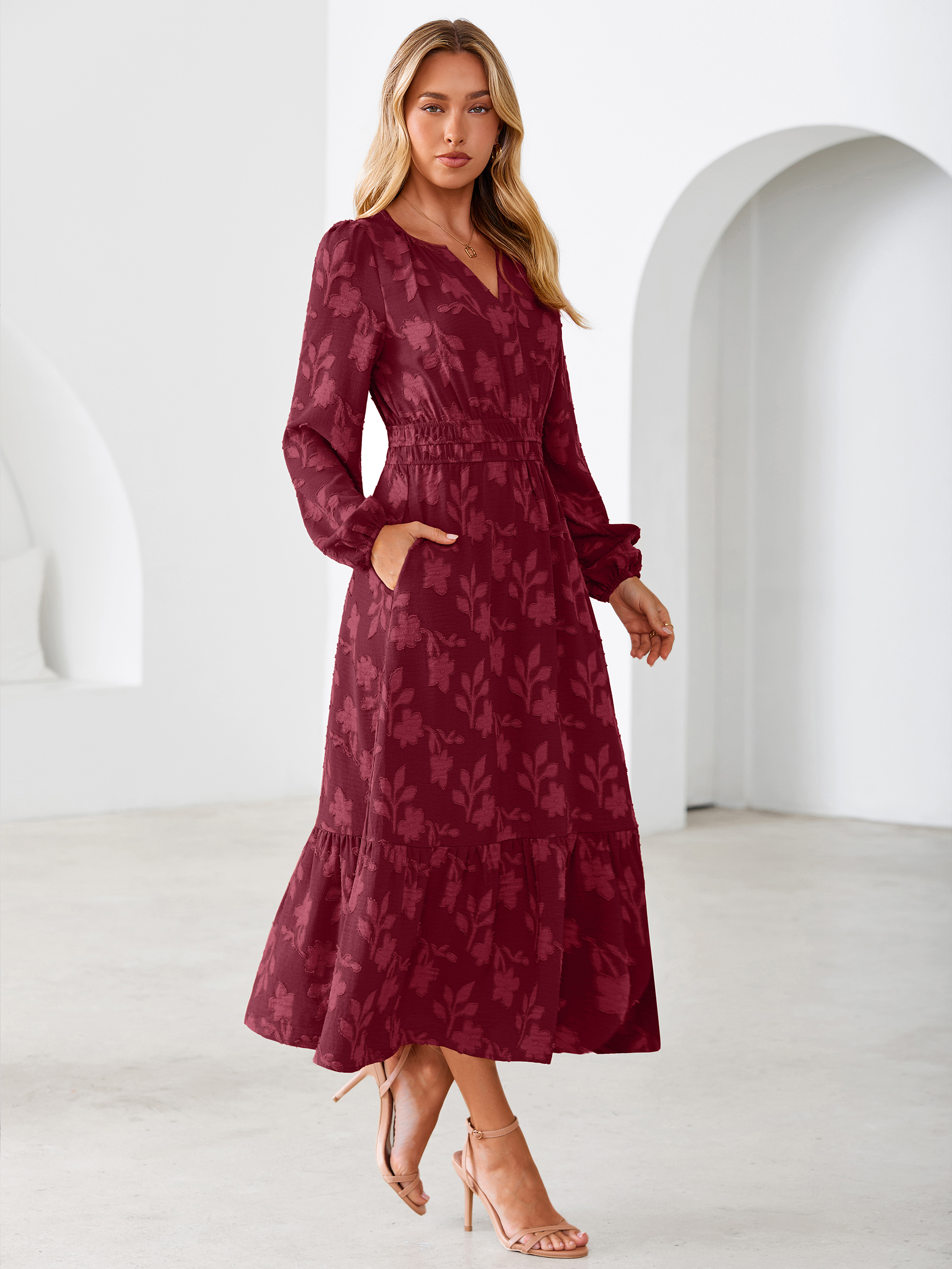 Floral Burnout V Neck Long Sleeve Maxi Dress