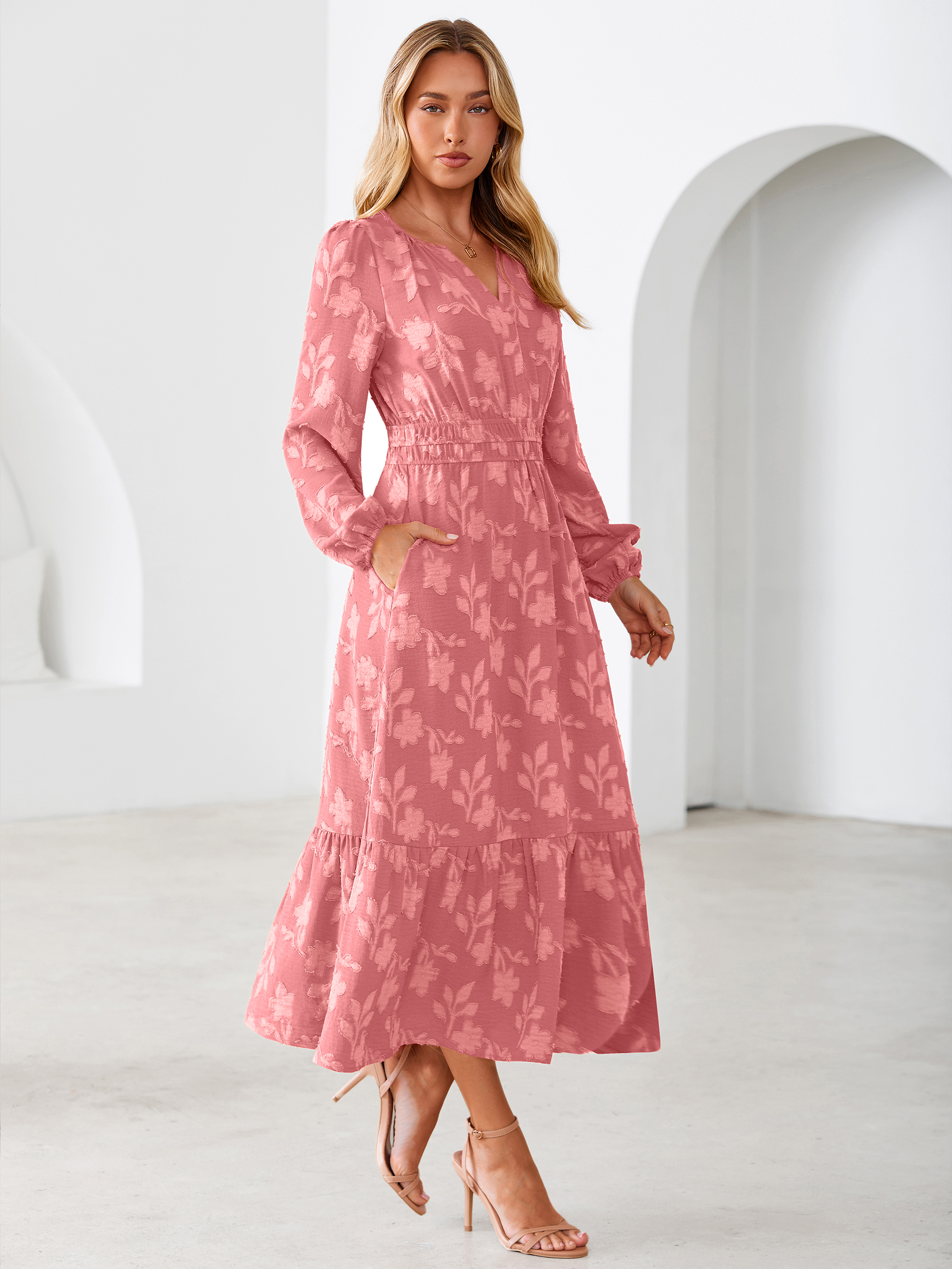 Floral Burnout V Neck Long Sleeve Maxi Dress