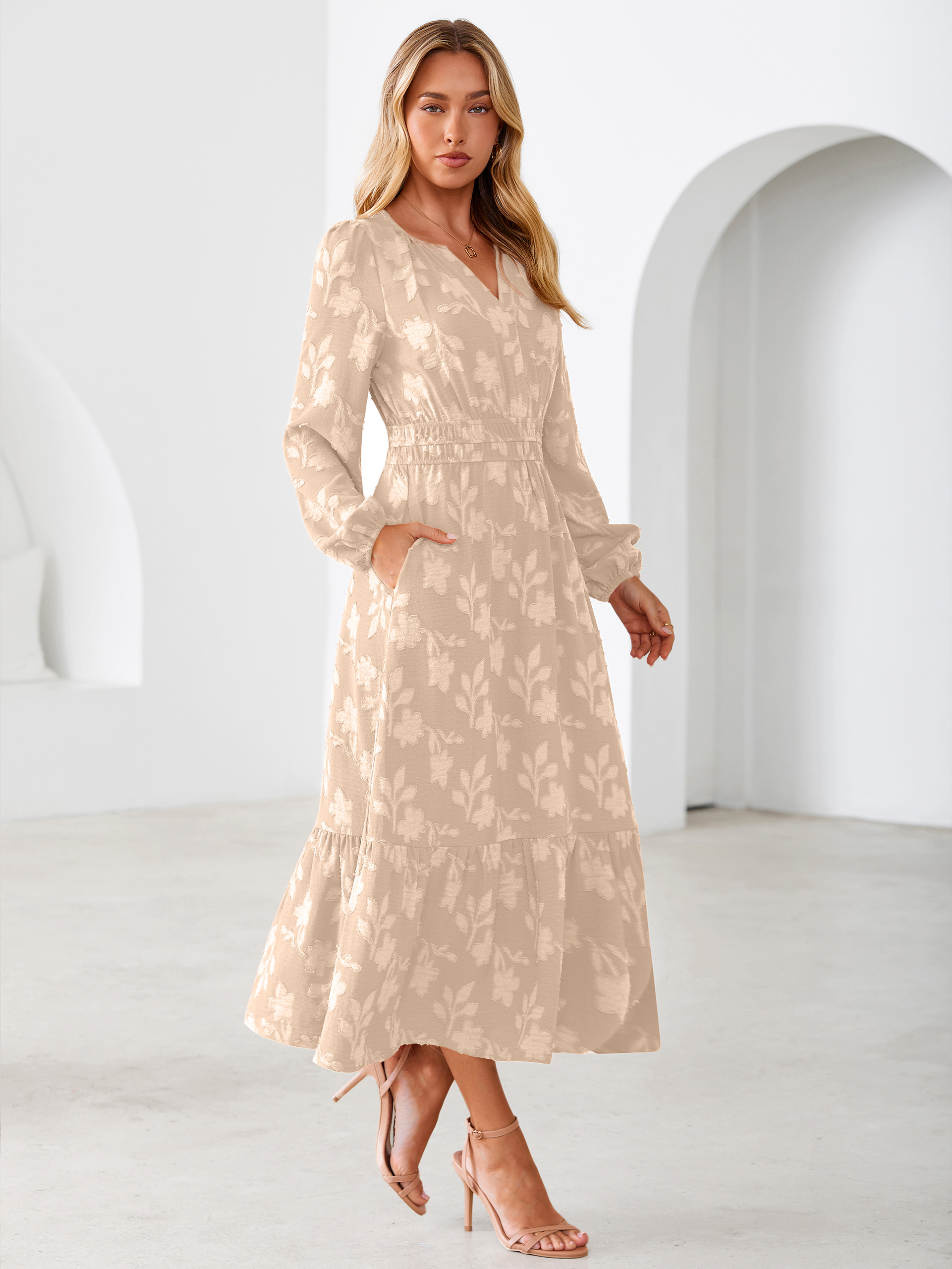 Floral Burnout V Neck Long Sleeve Maxi Dress