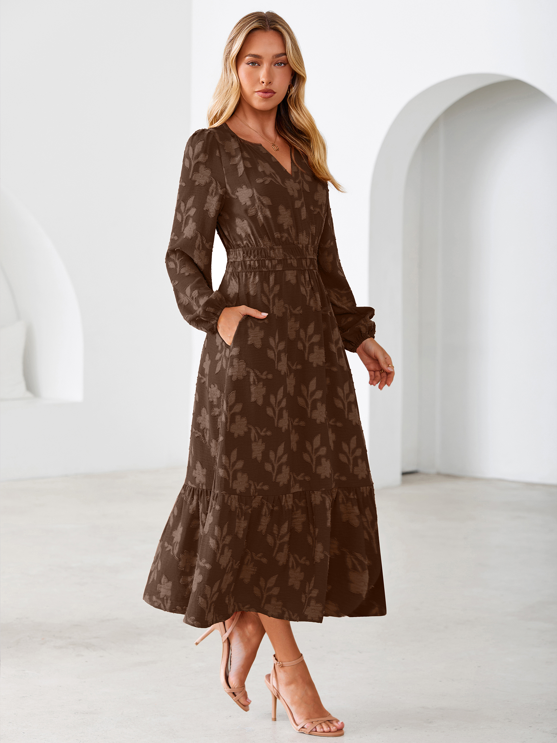 Floral Burnout V Neck Long Sleeve Maxi Dress
