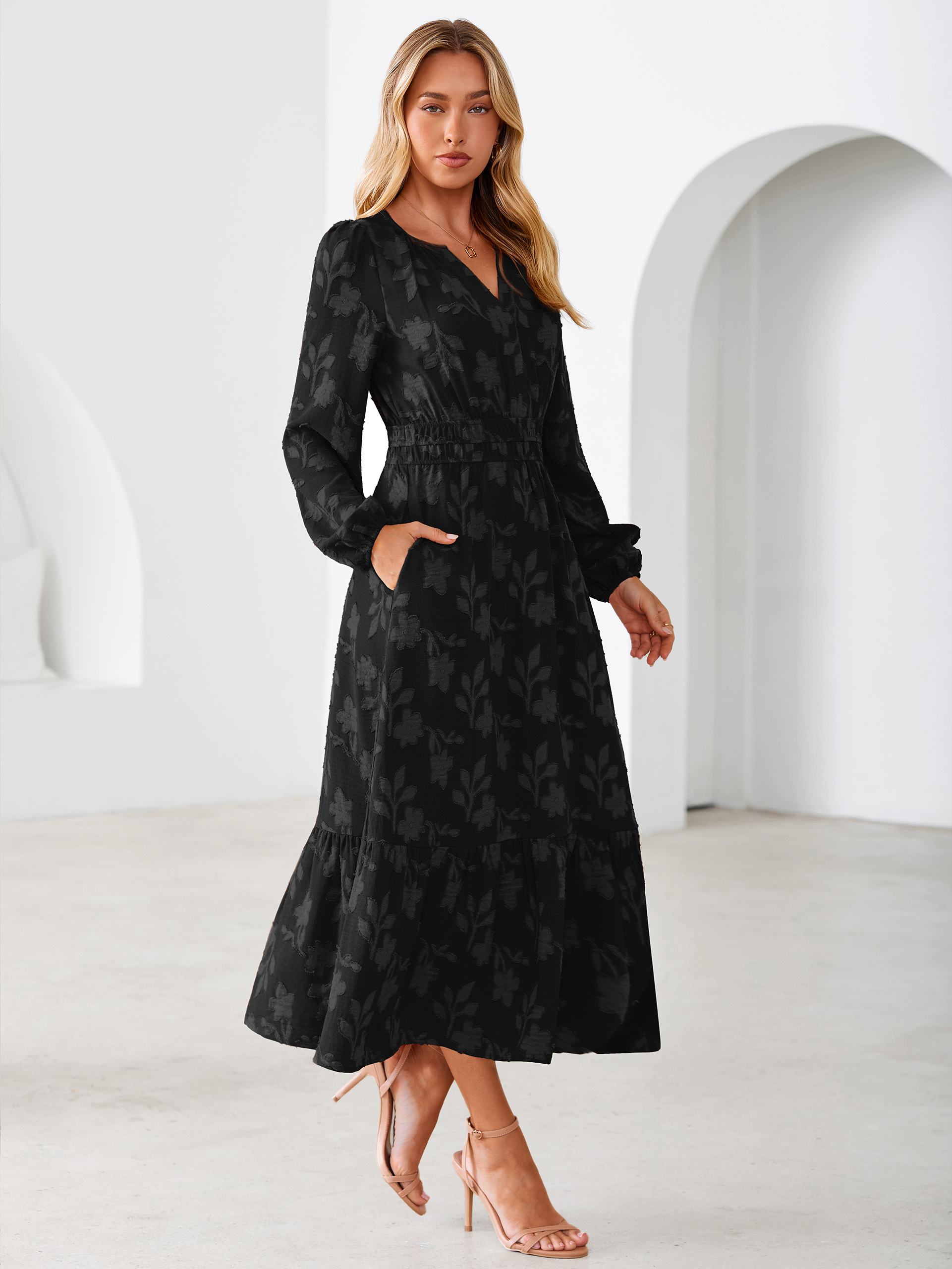 Floral Burnout V Neck Long Sleeve Maxi Dress