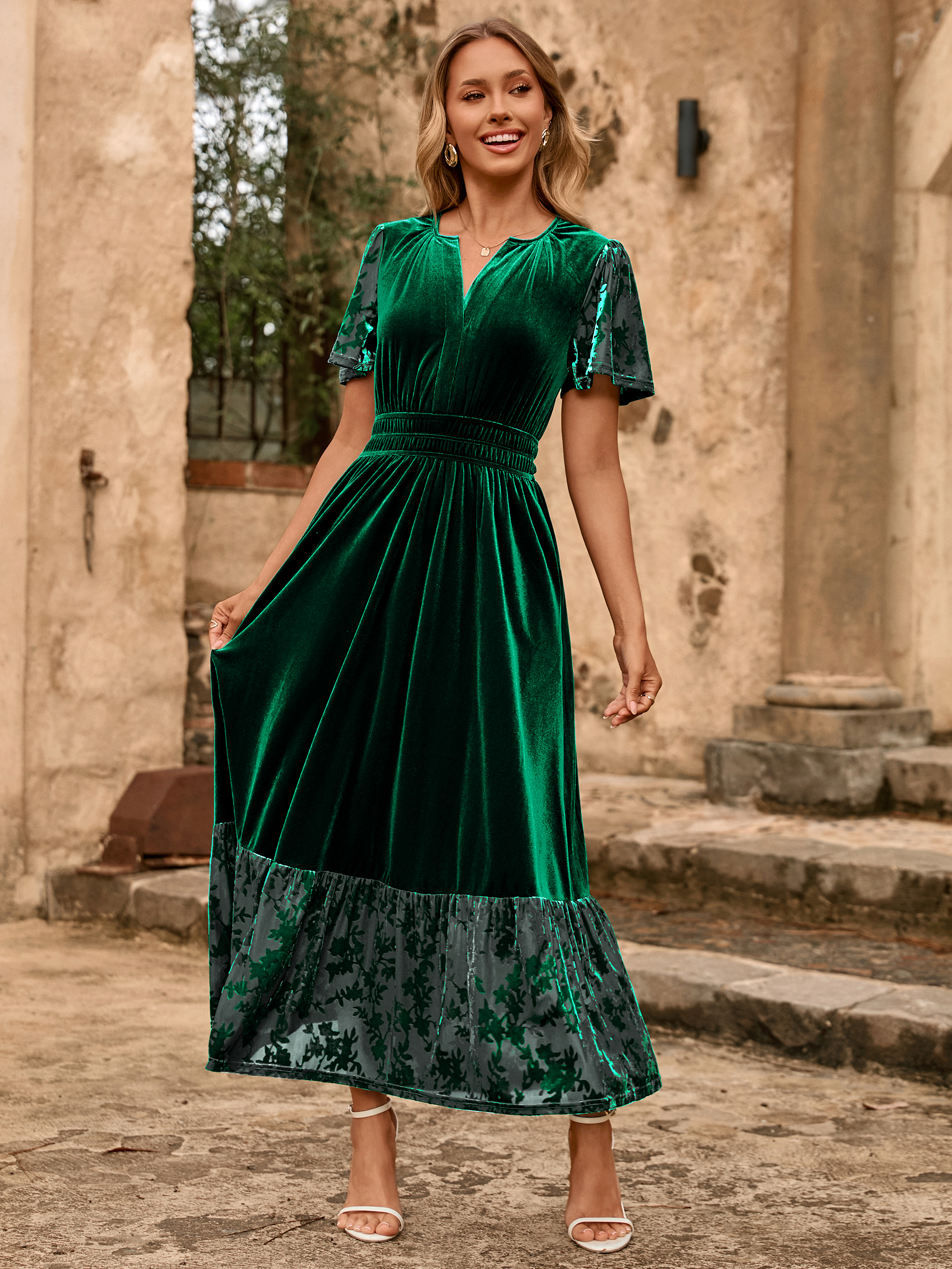 Velvet Floral Burnout V Neck Maxi Dress