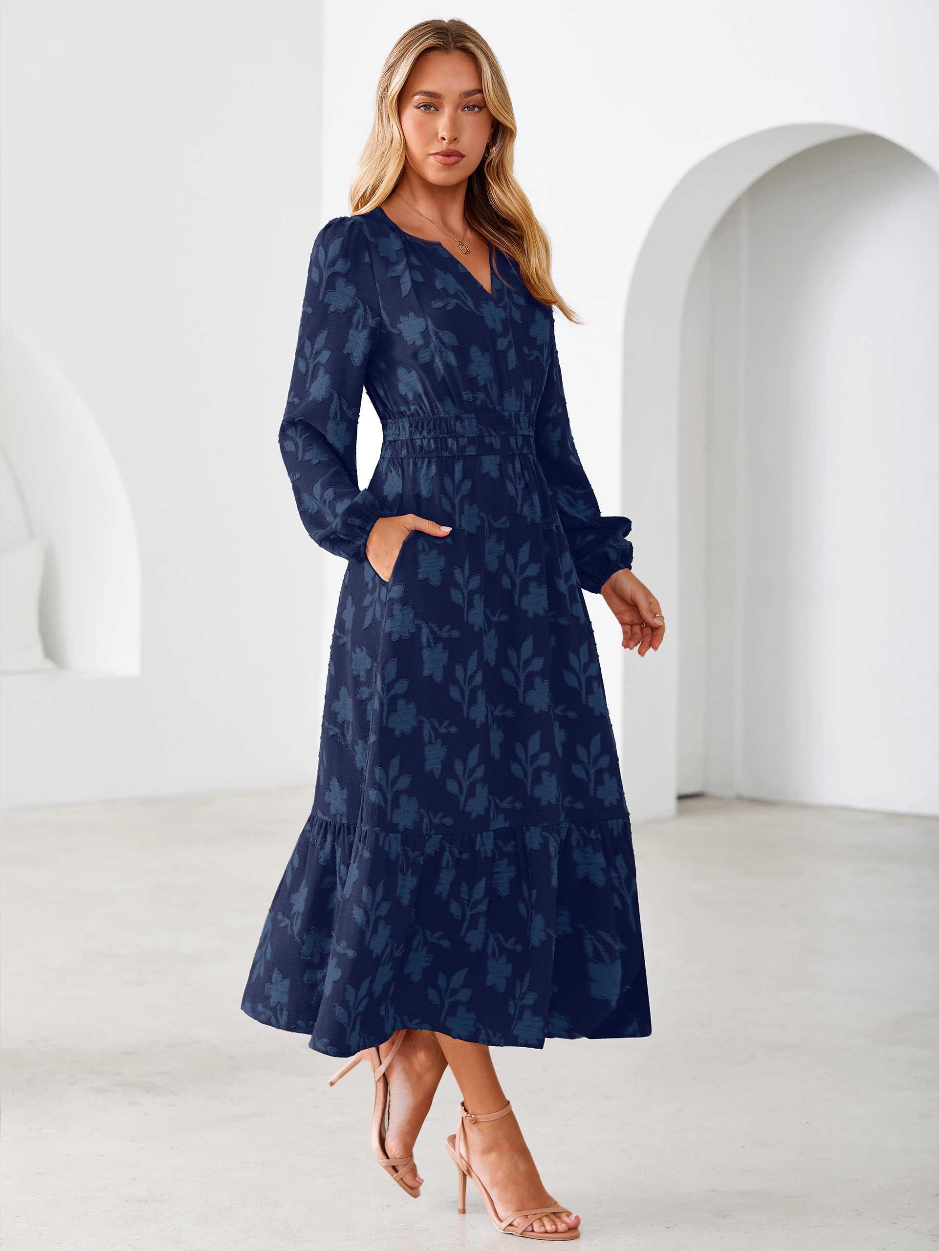 Floral Burnout V Neck Long Sleeve Maxi Dress