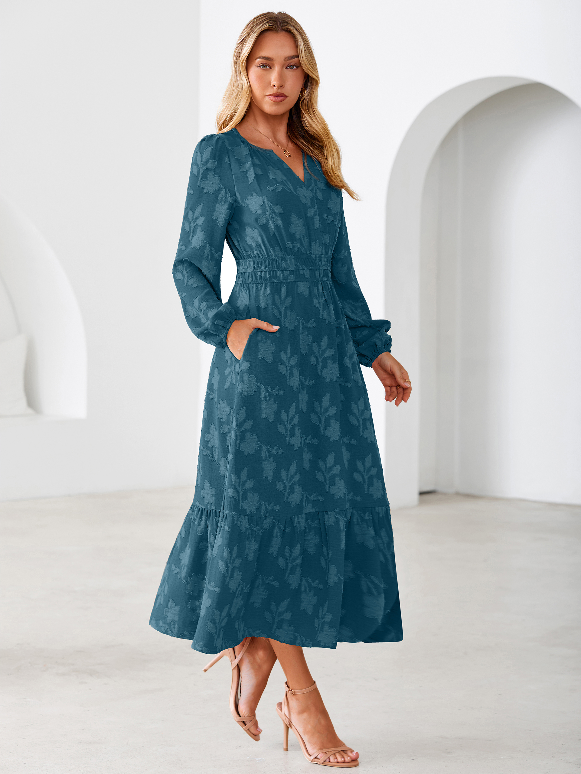 Floral Burnout V Neck Long Sleeve Maxi Dress