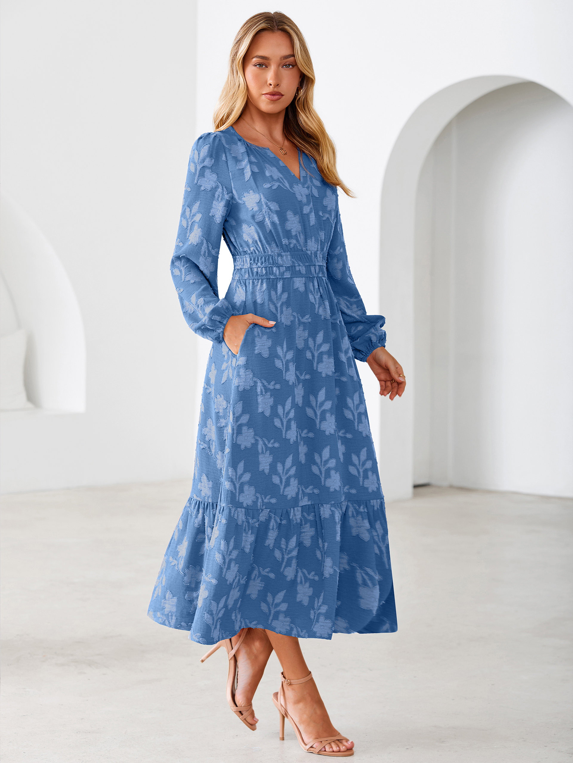 Floral Burnout V Neck Long Sleeve Maxi Dress