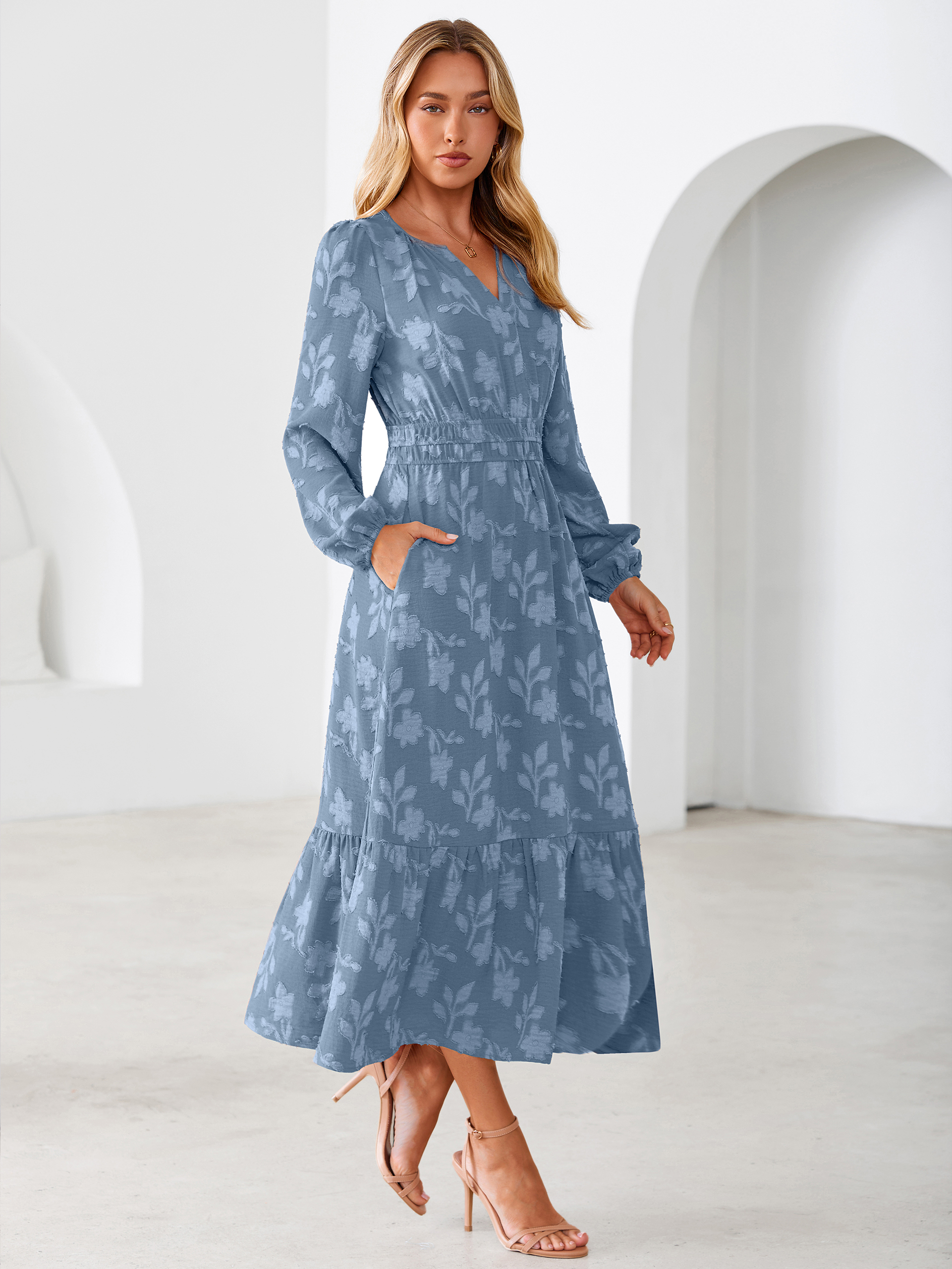 Floral Burnout V Neck Long Sleeve Maxi Dress