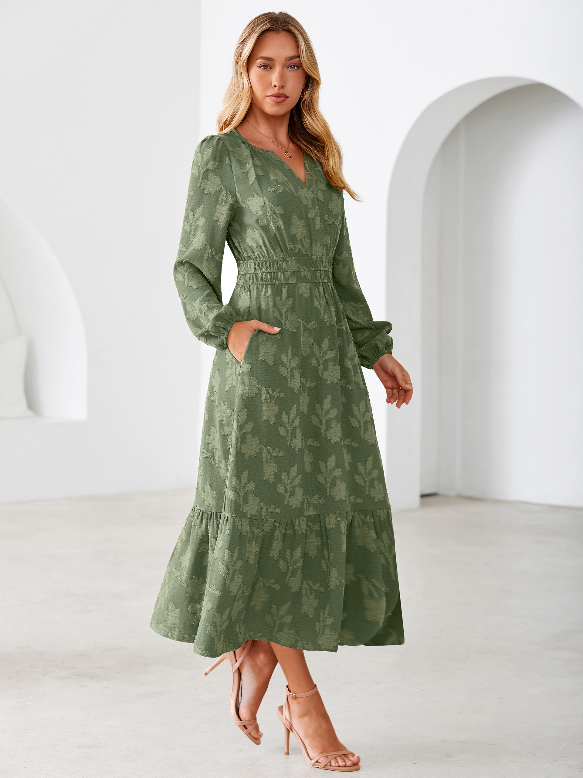 Floral Burnout V Neck Long Sleeve Maxi Dress