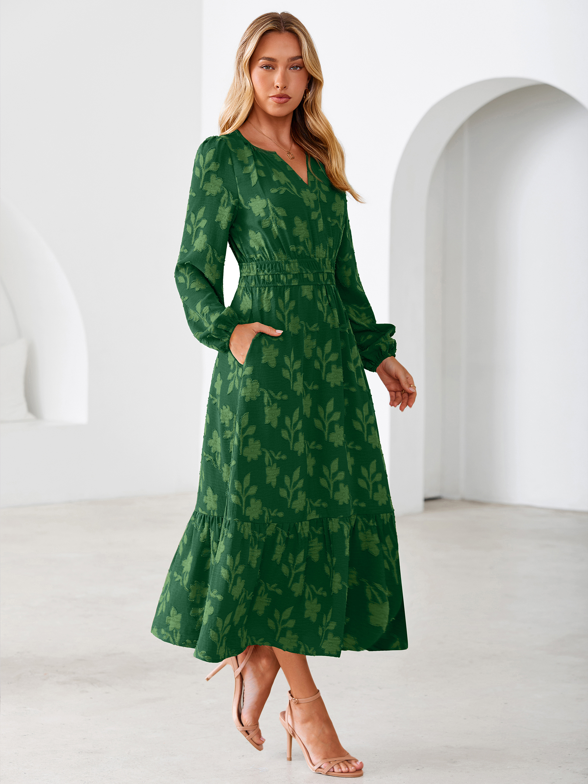 Floral Burnout V Neck Long Sleeve Maxi Dress