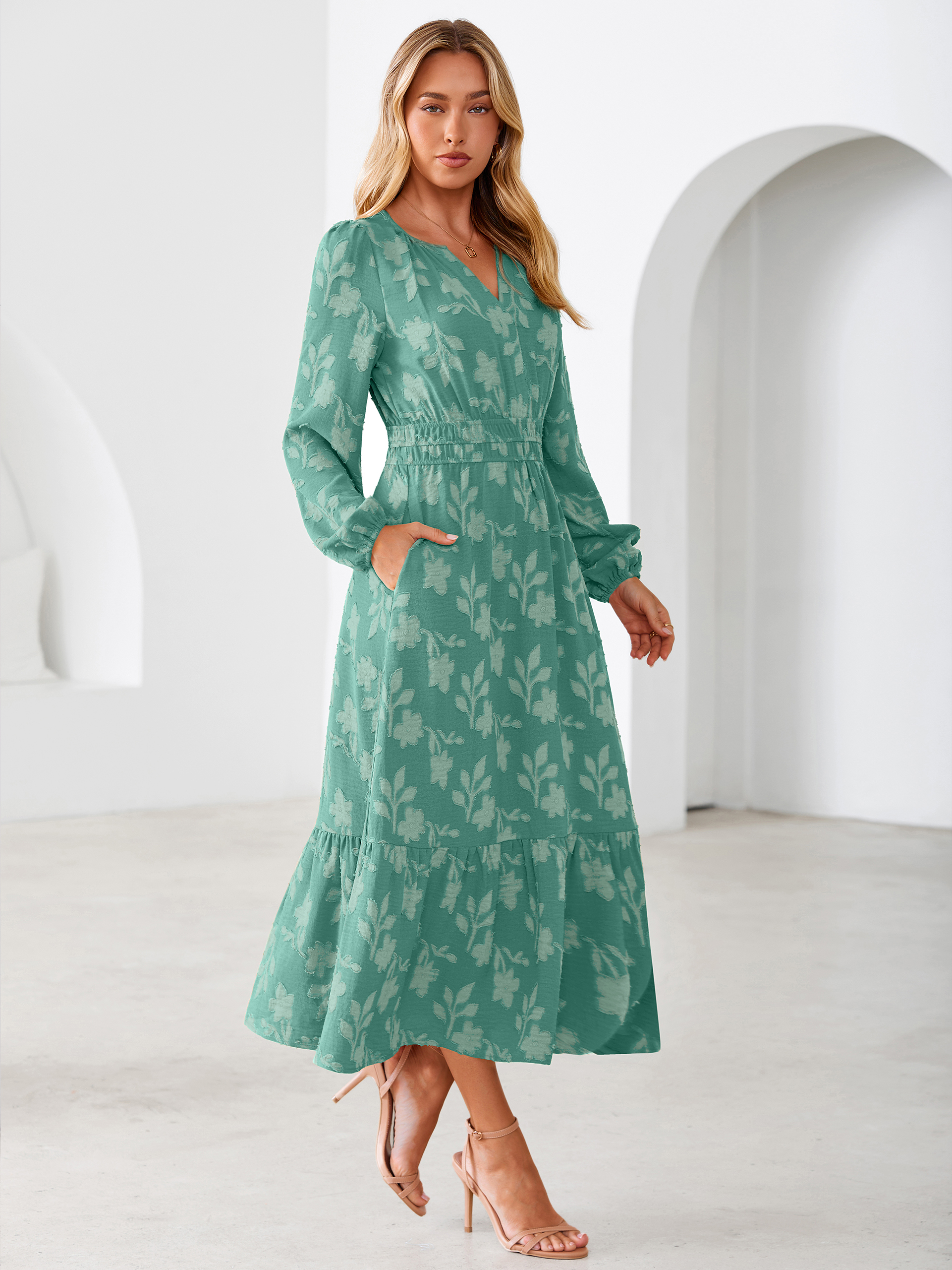 Floral Burnout V Neck Long Sleeve Maxi Dress