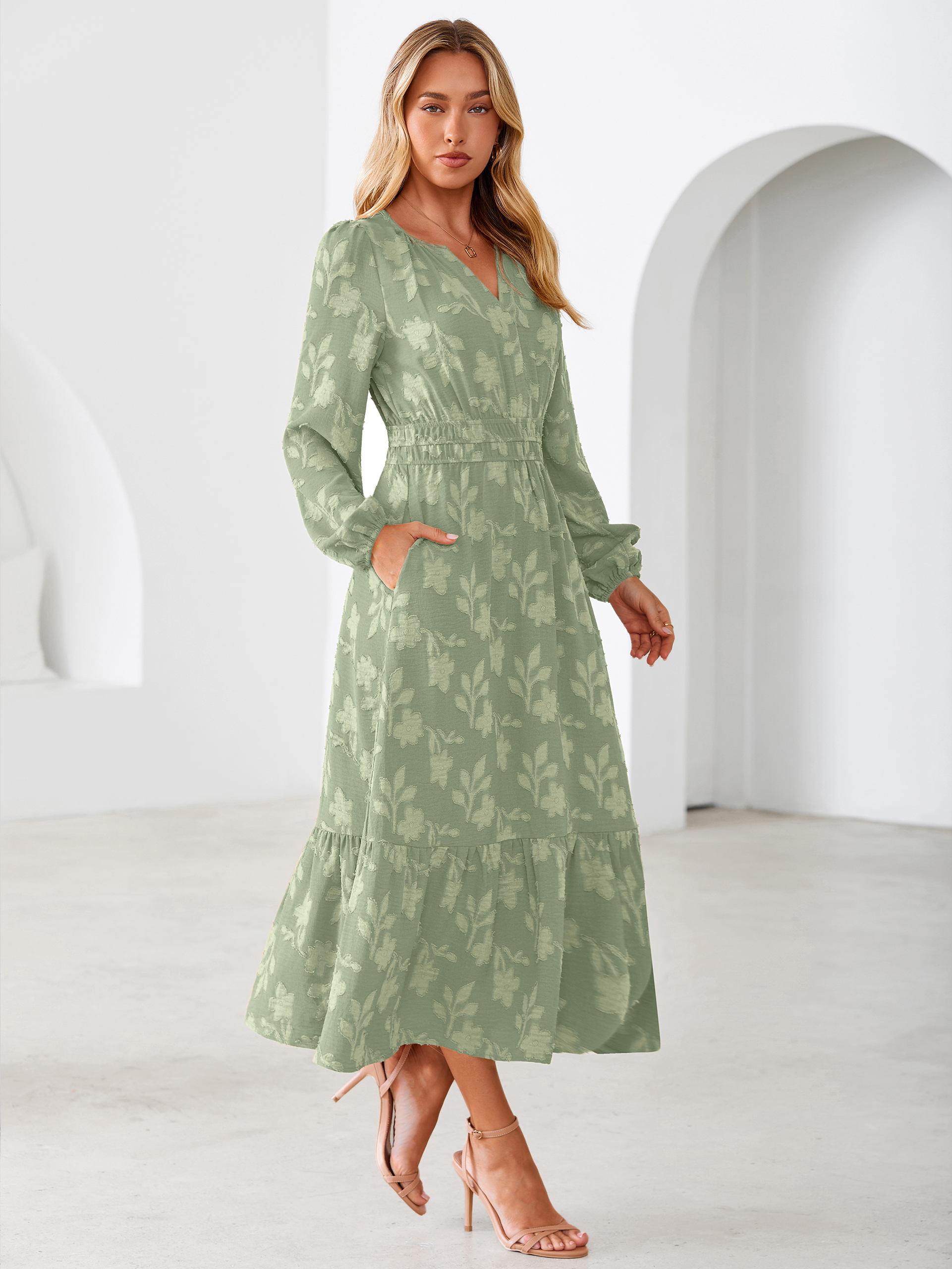 Floral Burnout V Neck Long Sleeve Maxi Dress