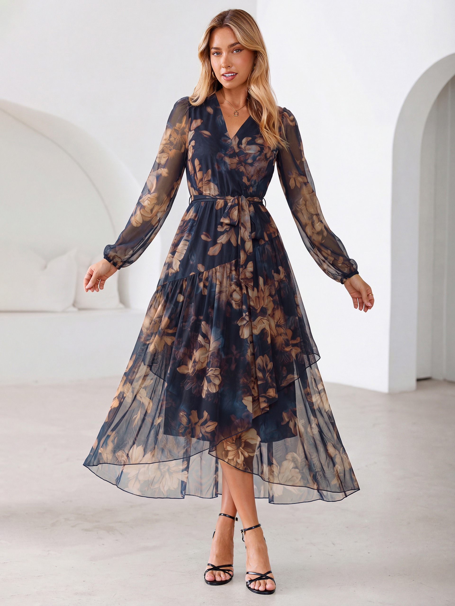 Floral Tulle Faux Wrap Long Sleeve Maxi Dress