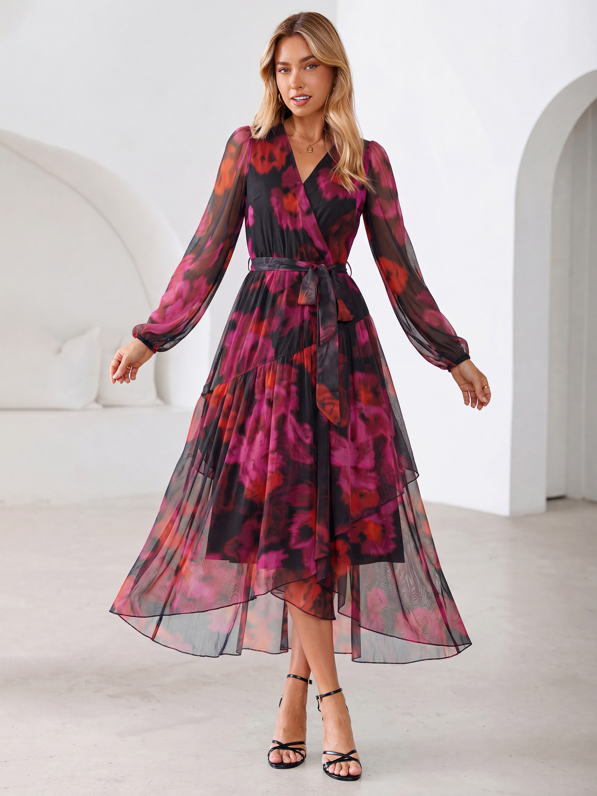 Floral Tulle Faux Wrap Long Sleeve Maxi Dress