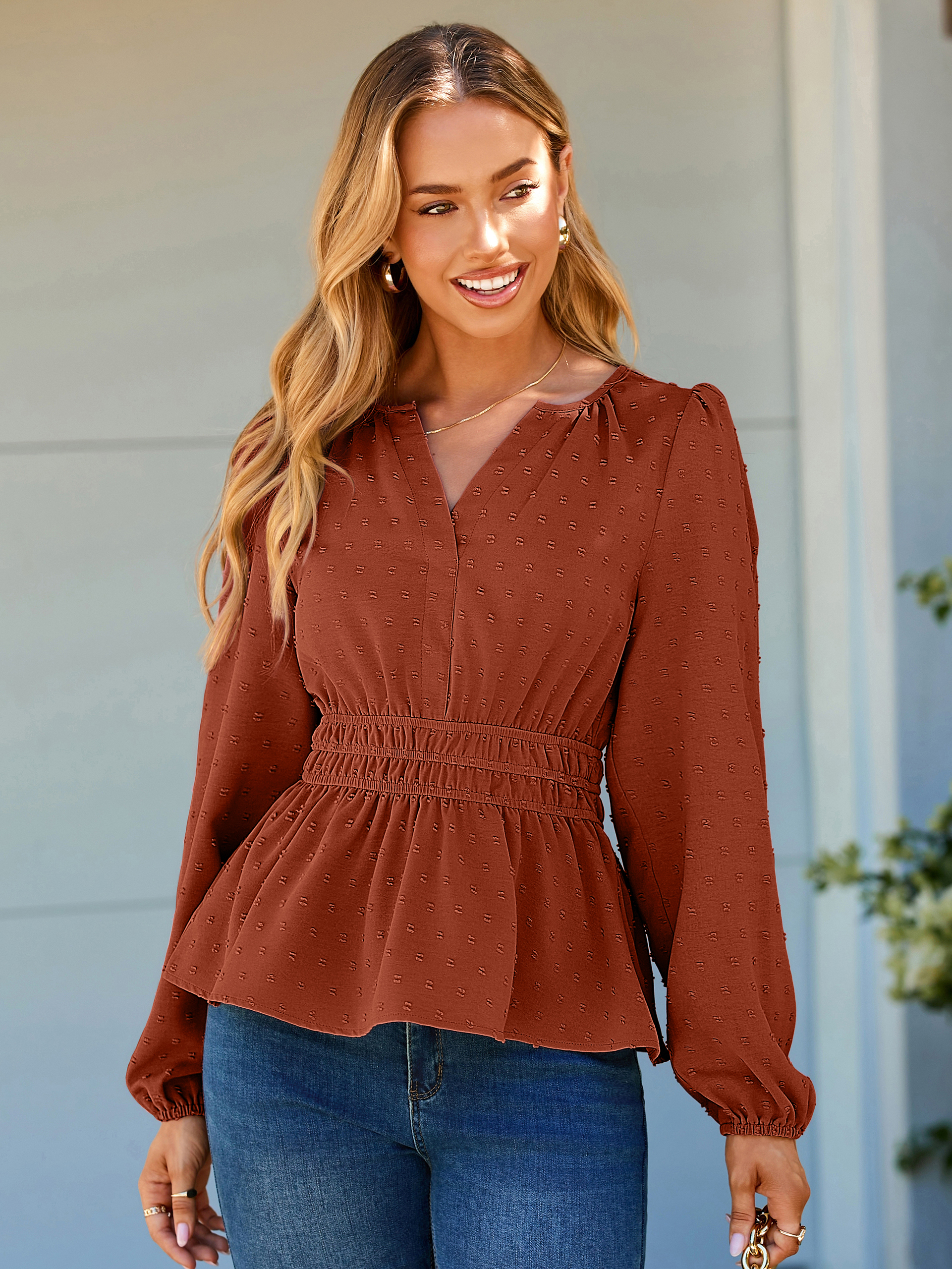 Swiss Dot V Neck Long Sleeve Peplum Blouse - Orange