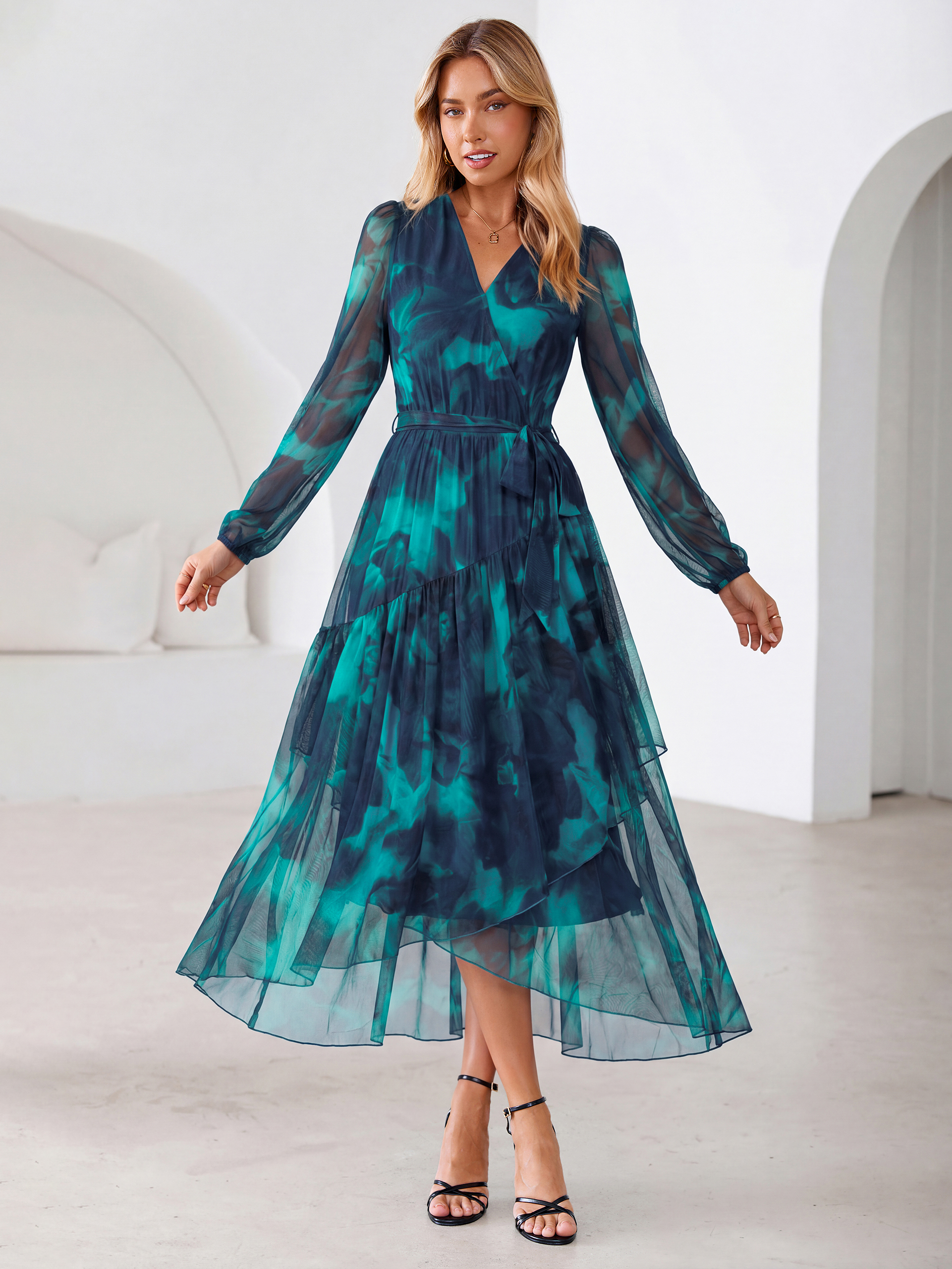 Floral Tulle Faux Wrap Long Sleeve Maxi Dress
