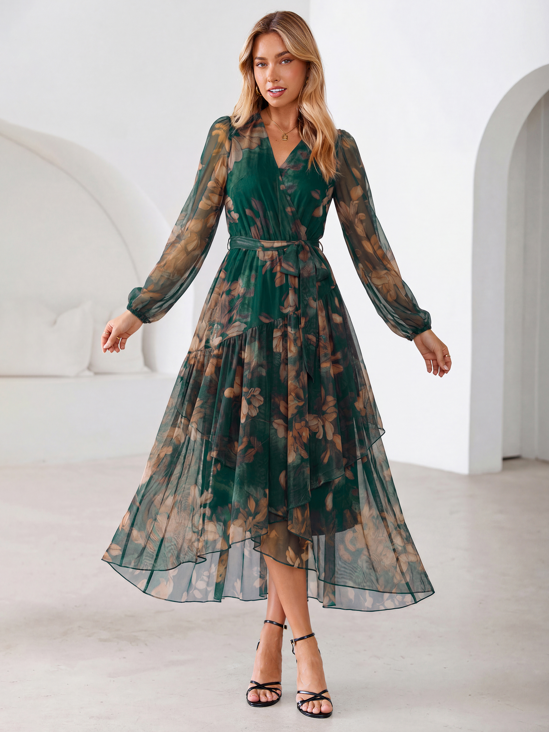 Floral Tulle Faux Wrap Long Sleeve Maxi Dress