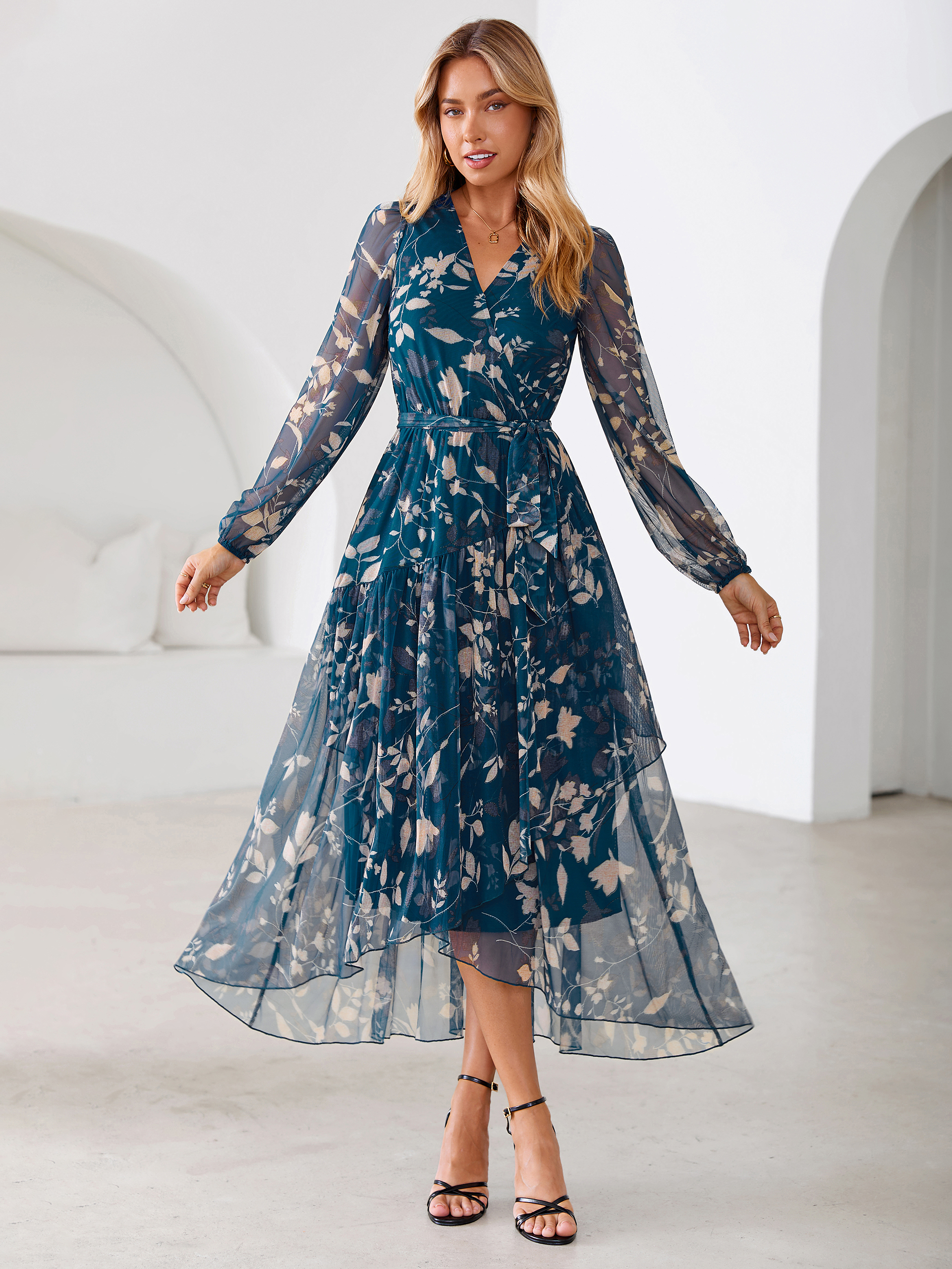 Floral Tulle Faux Wrap Long Sleeve Maxi Dress